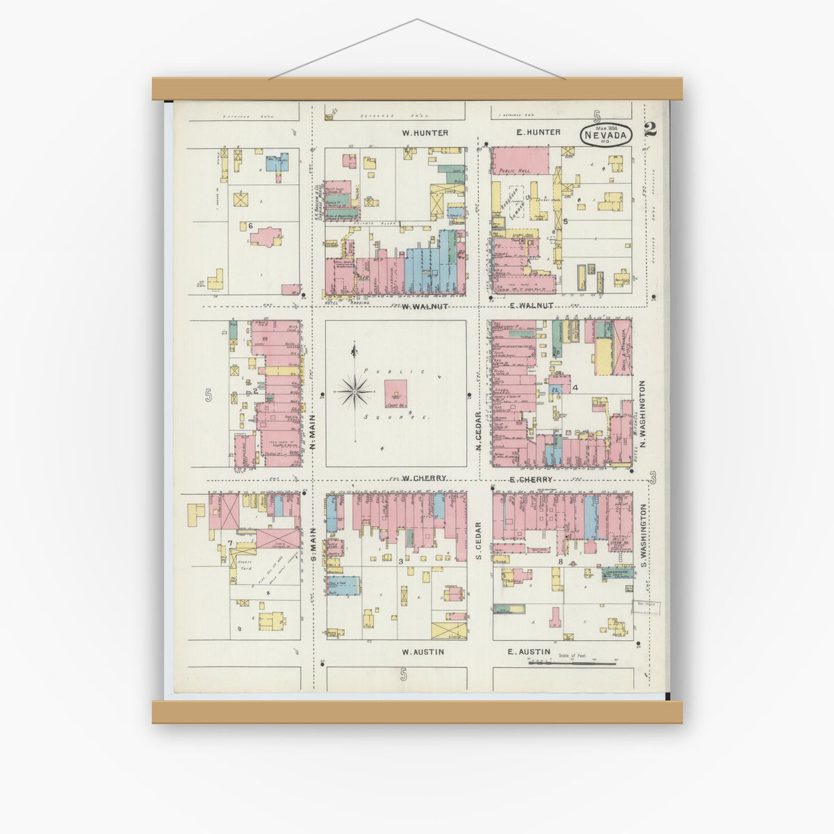 Old map wall art mockup — magnetic wood frame on white wall — Sanborn Fire Insurance Map from Nevada, Vernon County, Missouri (1894), Sheet #0002