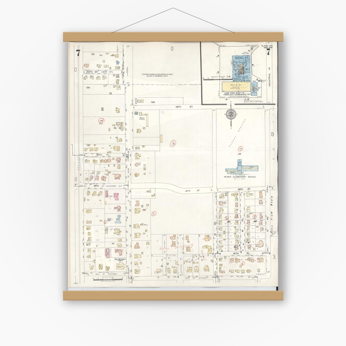 Old map wall art mockup — magnetic wood frame on white wall — Sanborn Fire Insurance Map from Plano, Collin County, Texas (1961), Sheet #0007