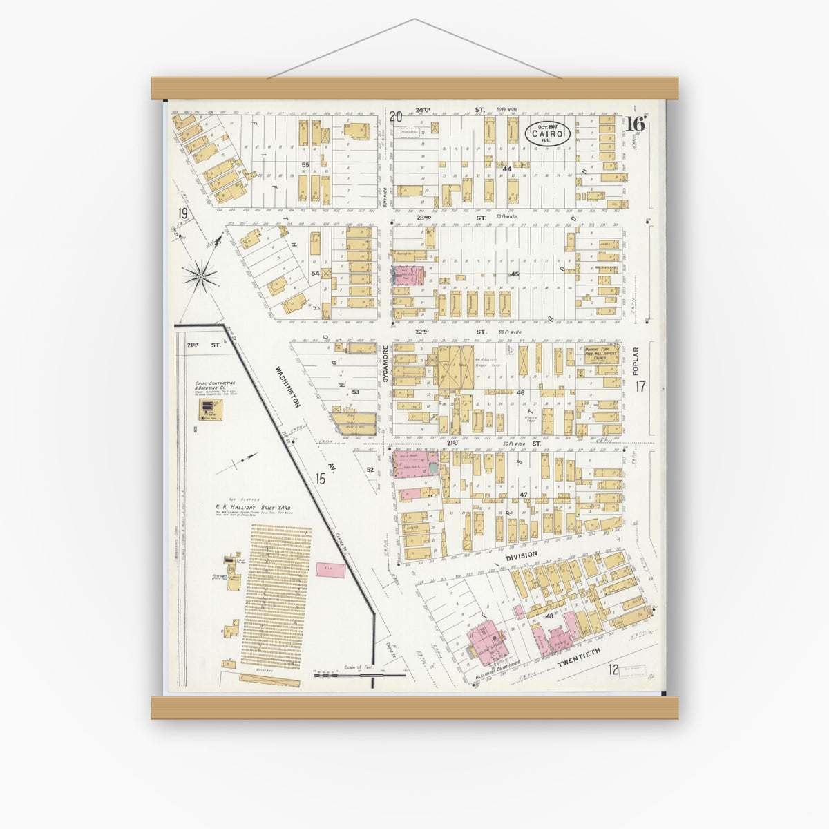 Old map wall art mockup — magnetic wood frame on white wall — Sanborn Fire Insurance Map from Cairo, Alexander County, Illinois (1907), Sheet #0016