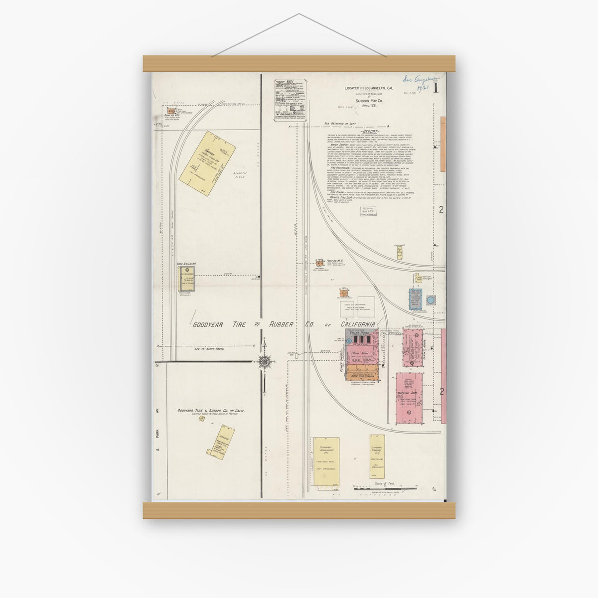 Old map wall art mockup — magnetic wood frame on white wall — Sanborn Fire Insurance Map from Los Angeles Co., Los Angeles County, California (1921) - Complete Map Set