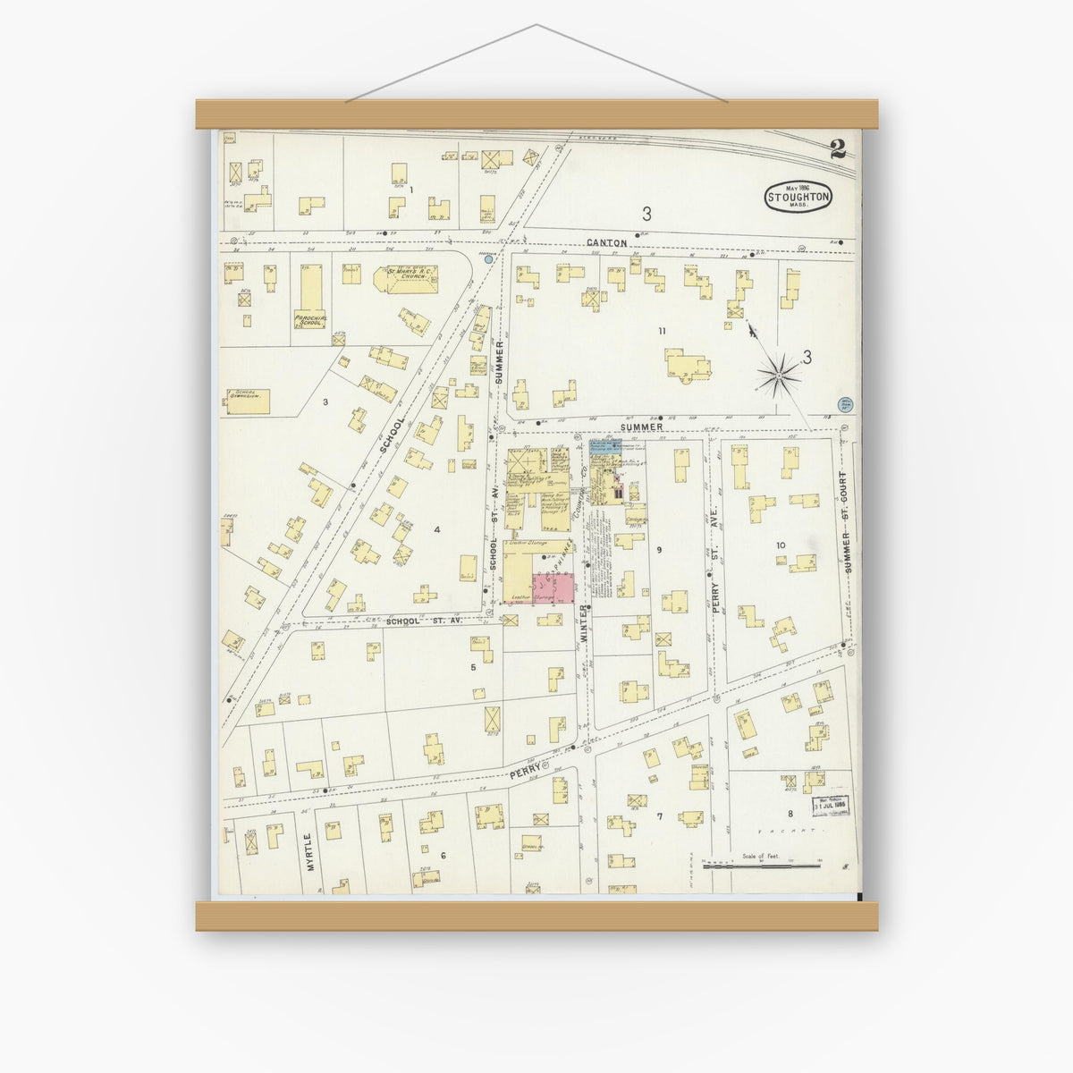Old map wall art mockup — magnetic wood frame on white wall — Sanborn Fire Insurance Map from Stoughton, Norfolk County, Massachusetts (1896), Sheet #0002