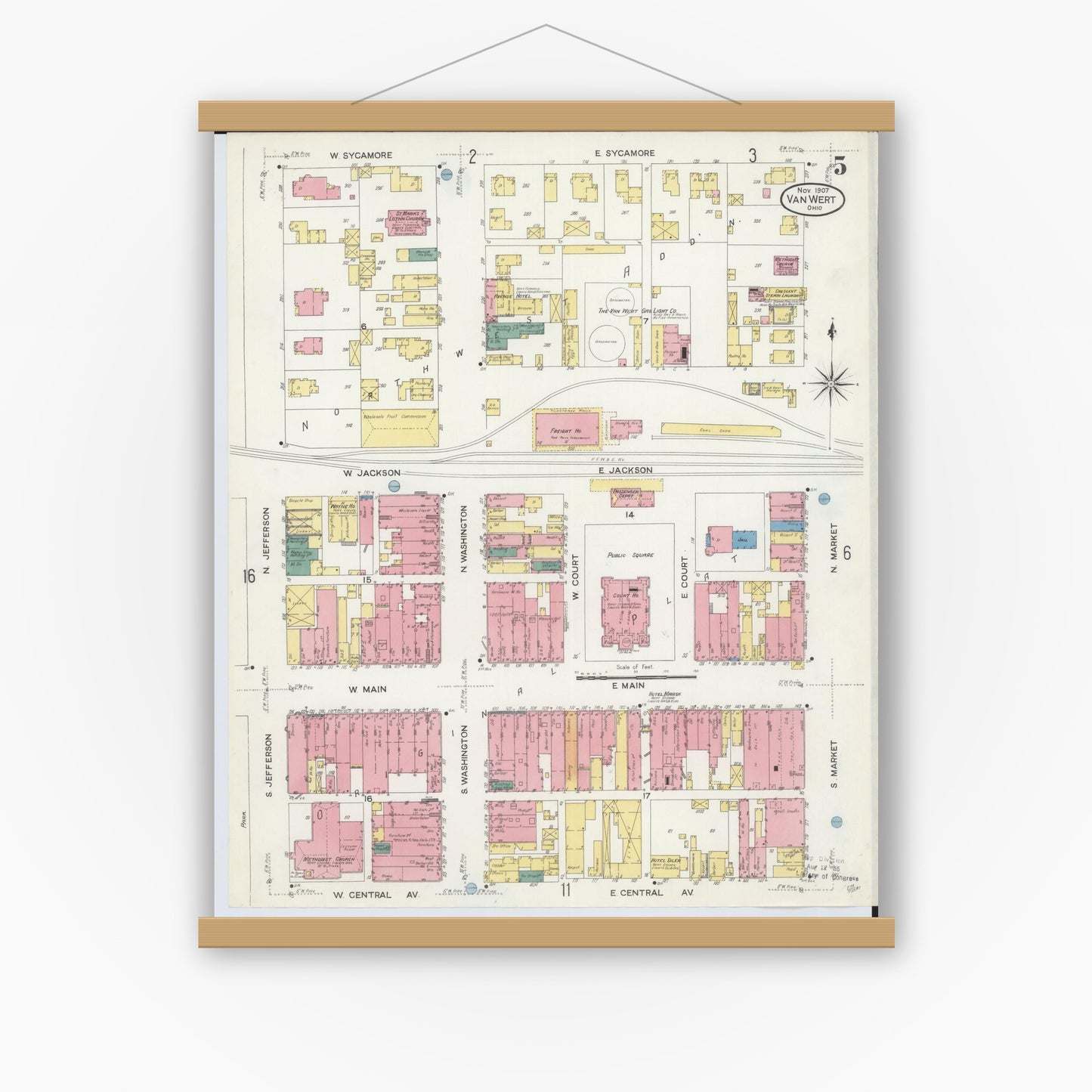 Old map wall art mockup — magnetic wood frame on white wall — Sanborn Fire Insurance Map from Van Wert, Van Wert County, Ohio (1907), Sheet #0005