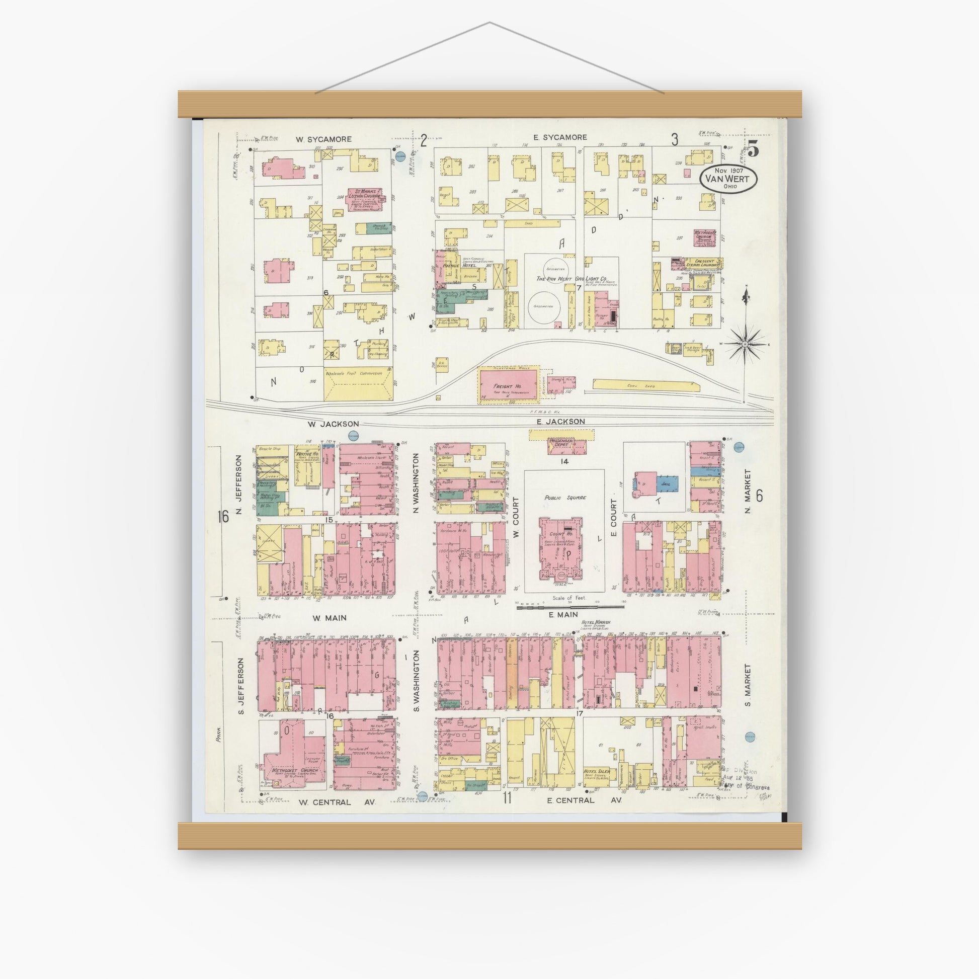Old map wall art mockup — magnetic wood frame on white wall — Sanborn Fire Insurance Map from Van Wert, Van Wert County, Ohio (1907), Sheet #0005