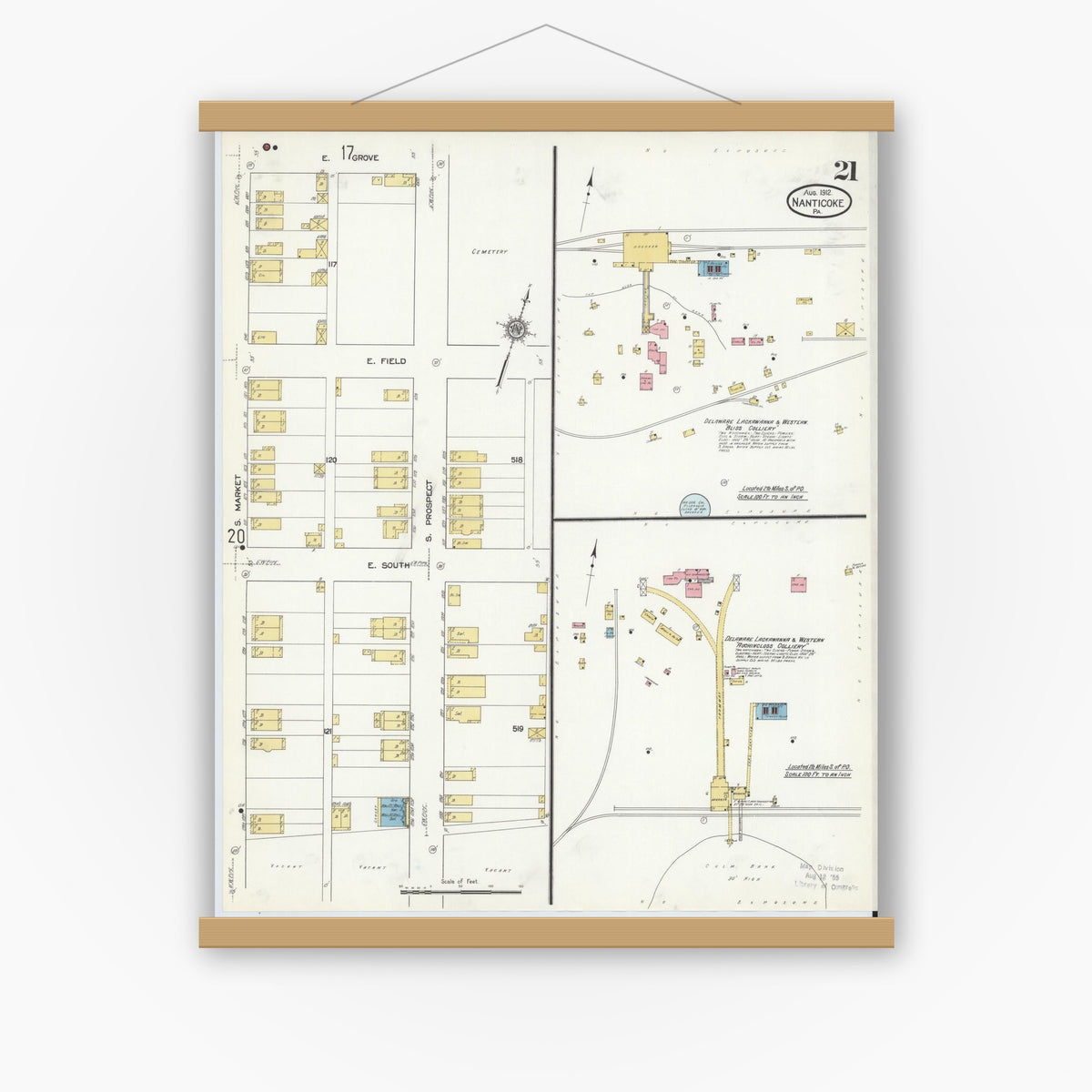 Old map wall art mockup — magnetic wood frame on white wall — Sanborn Fire Insurance Map from Nanticoke, Luzerne County, Pennsylvania (1912), Sheet #0021