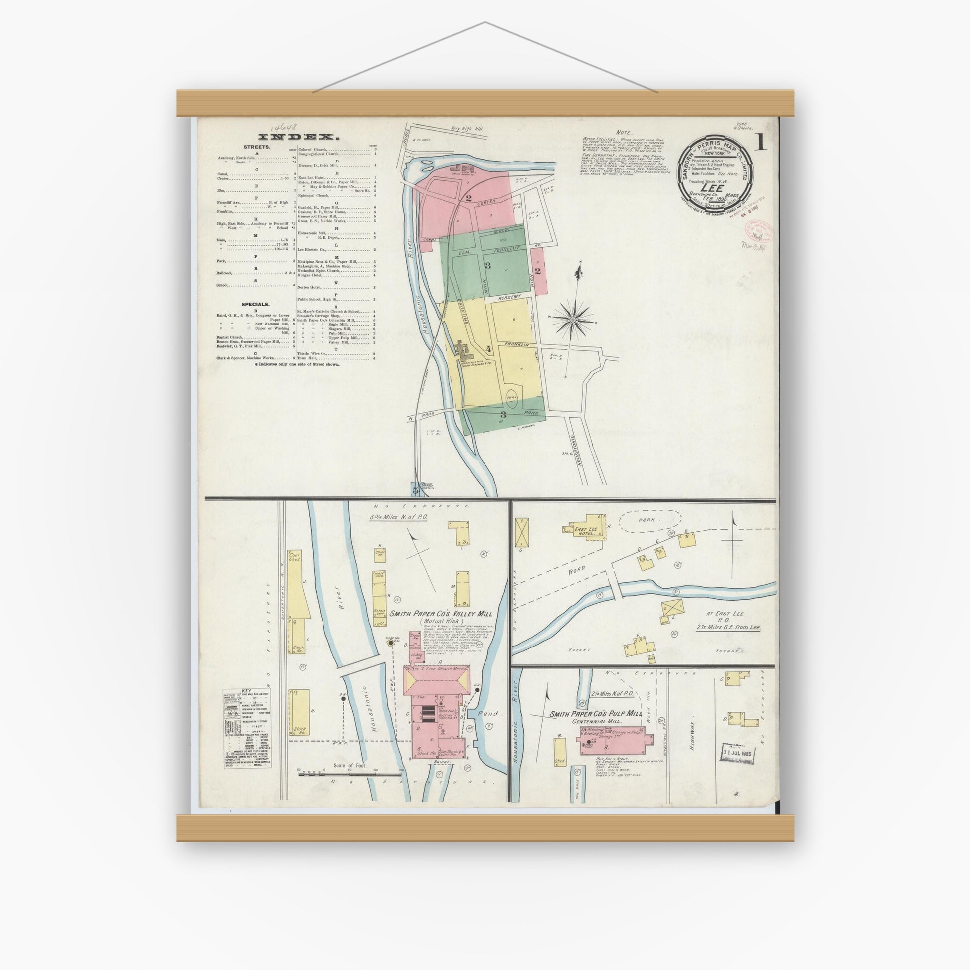 Old map wall art mockup — magnetic wood frame on white wall — Sanborn Fire Insurance Map from Lee, Berkshire County, Massachusetts (1895), Sheet #0001
