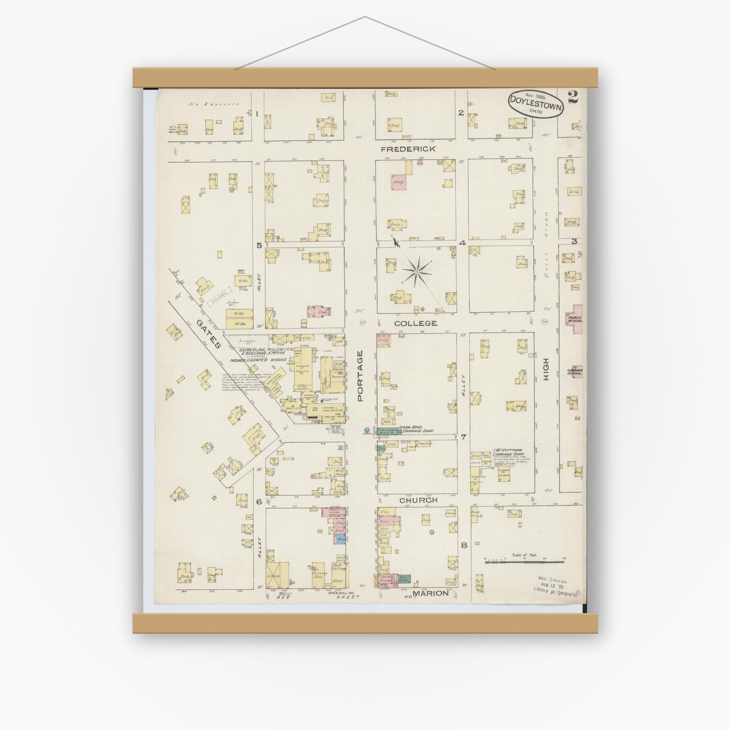 Old map wall art mockup — magnetic wood frame on white wall — Sanborn Fire Insurance Map from Doylestown, Wayne County, Ohio (1885), Sheet #0002
