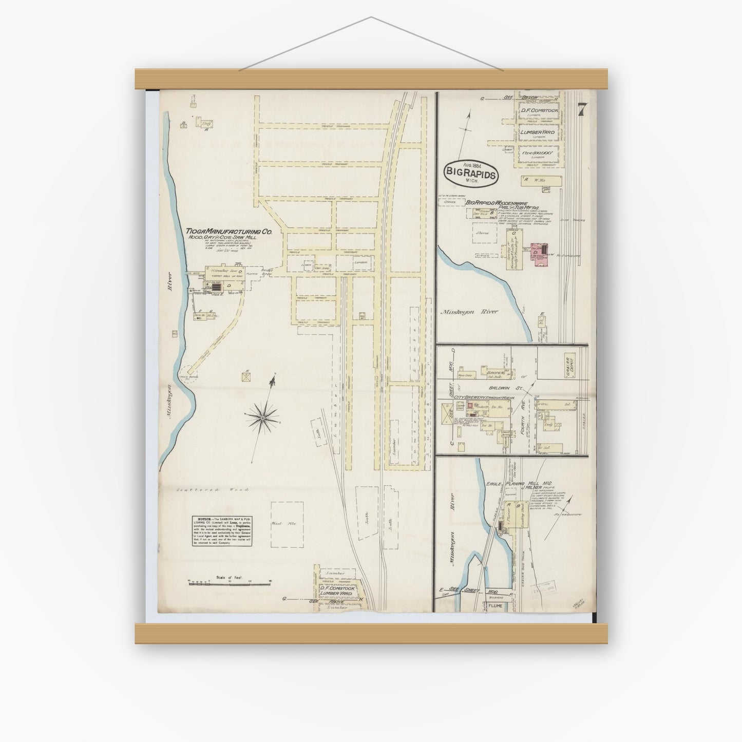 Old map wall art mockup — magnetic wood frame on white wall — Sanborn Fire Insurance Map from Big Rapids, Mecosta County, Michigan (1884), Sheet #0007