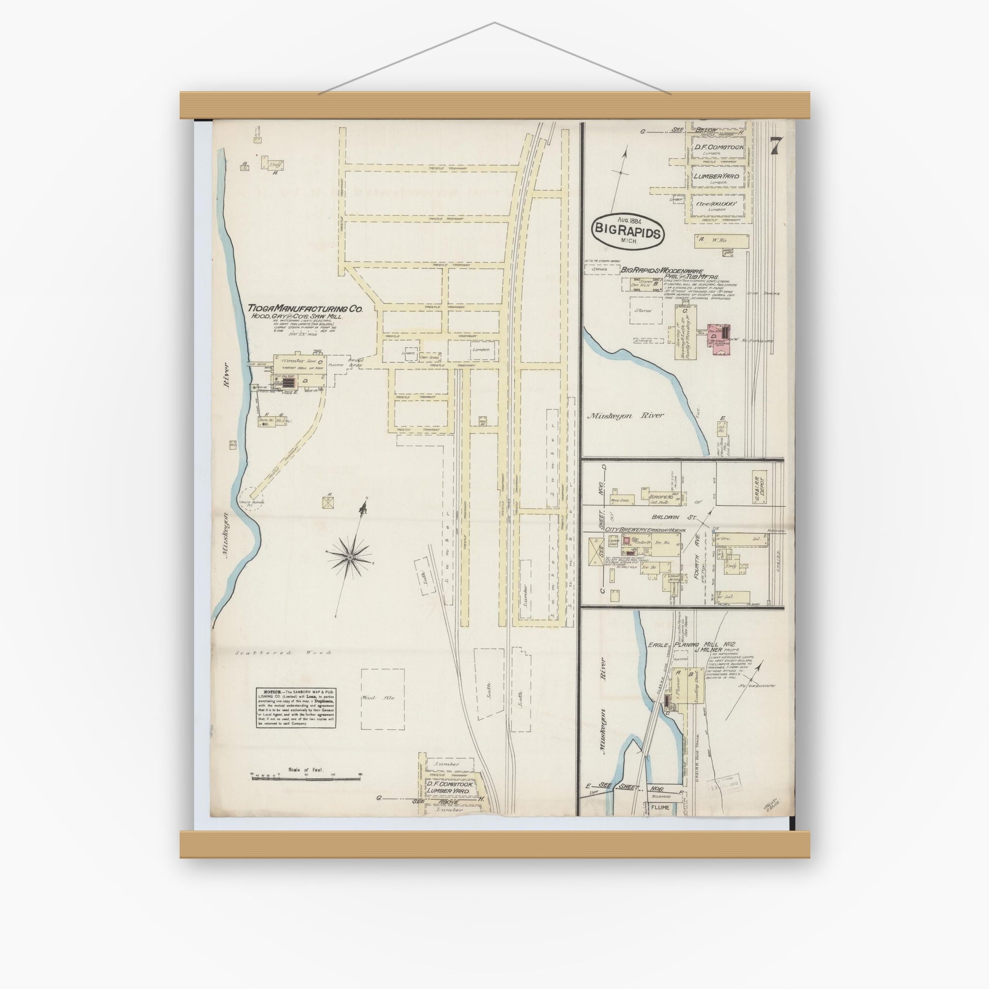 Old map wall art mockup — magnetic wood frame on white wall — Sanborn Fire Insurance Map from Big Rapids, Mecosta County, Michigan (1884), Sheet #0007