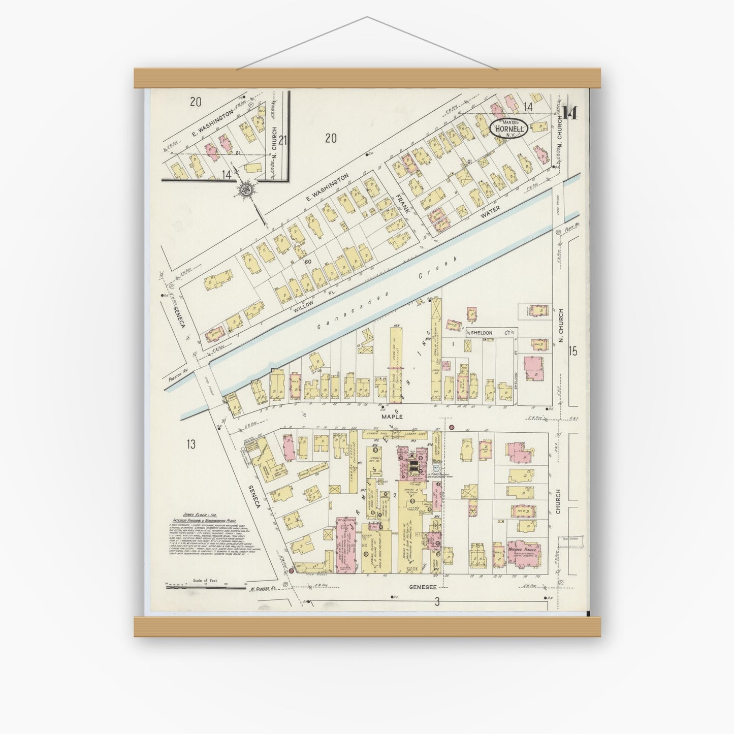 Old map wall art mockup — magnetic wood frame on white wall — Sanborn Fire Insurance Map from Hornell, Steuben County, New York (1915), Sheet #0014