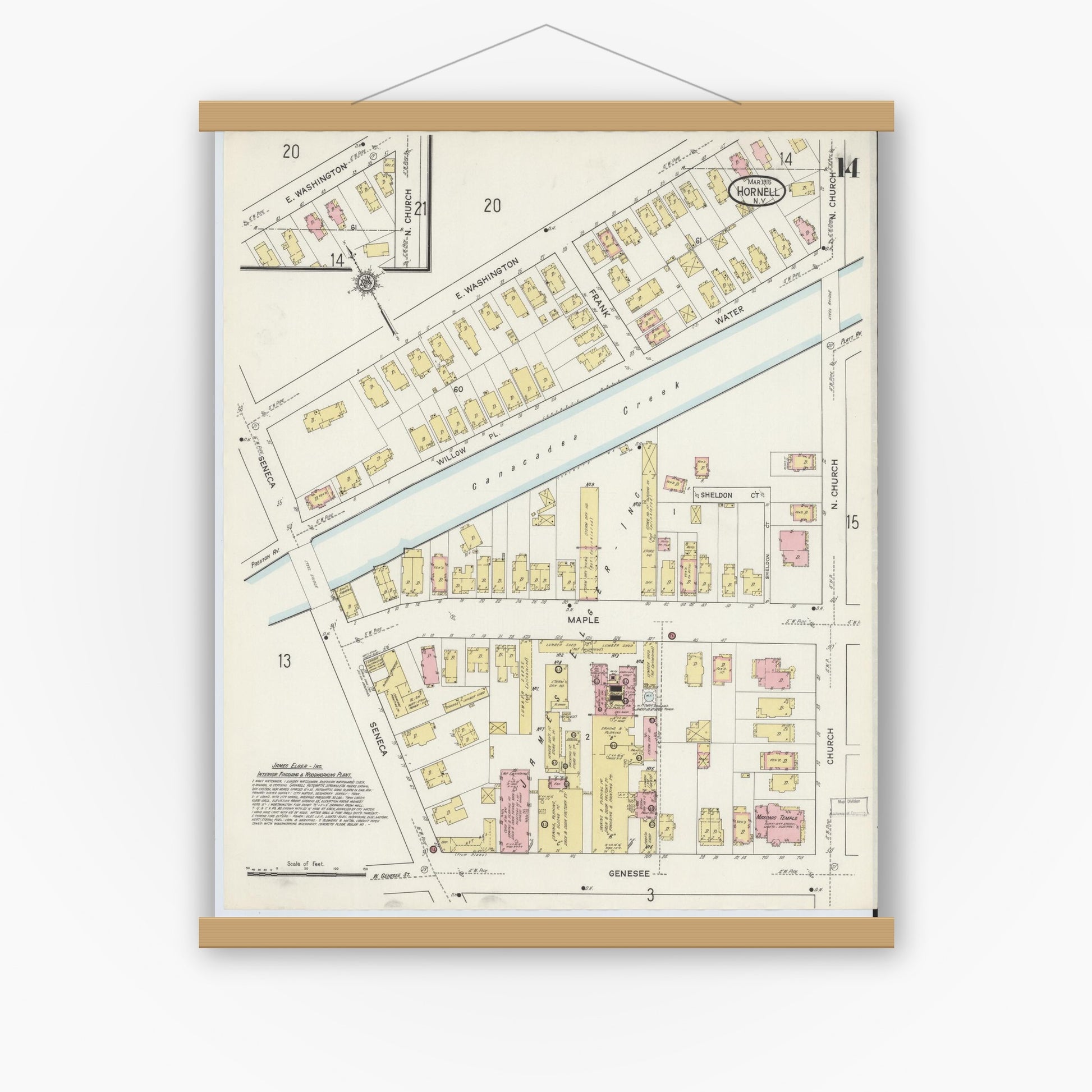 Old map wall art mockup — magnetic wood frame on white wall — Sanborn Fire Insurance Map from Hornell, Steuben County, New York (1915), Sheet #0014