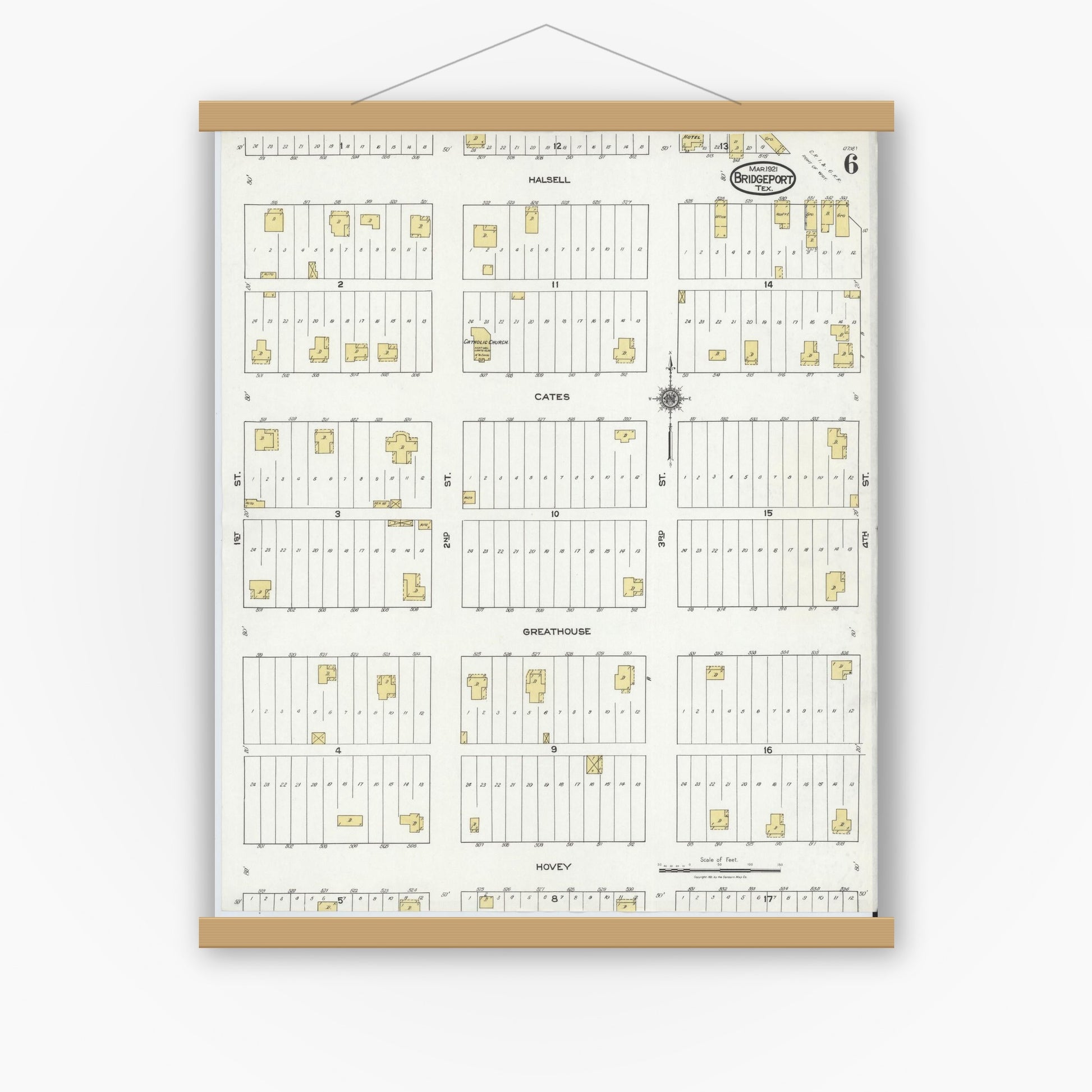 Old map wall art mockup — magnetic wood frame on white wall — Sanborn Fire Insurance Map from Bridgeport, Wise County, Texas (1921), Sheet #0006
