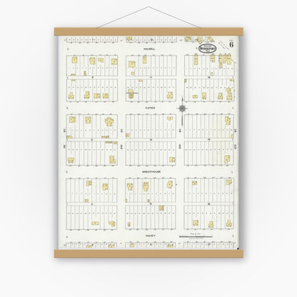 Old map wall art mockup — magnetic wood frame on white wall — Sanborn Fire Insurance Map from Bridgeport, Wise County, Texas (1921), Sheet #0006
