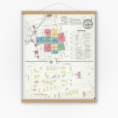 Old map wall art mockup — magnetic wood frame on white wall — Sanborn Fire Insurance Map from Coldwater, Branch County, Michigan (1908), Sheet #0001