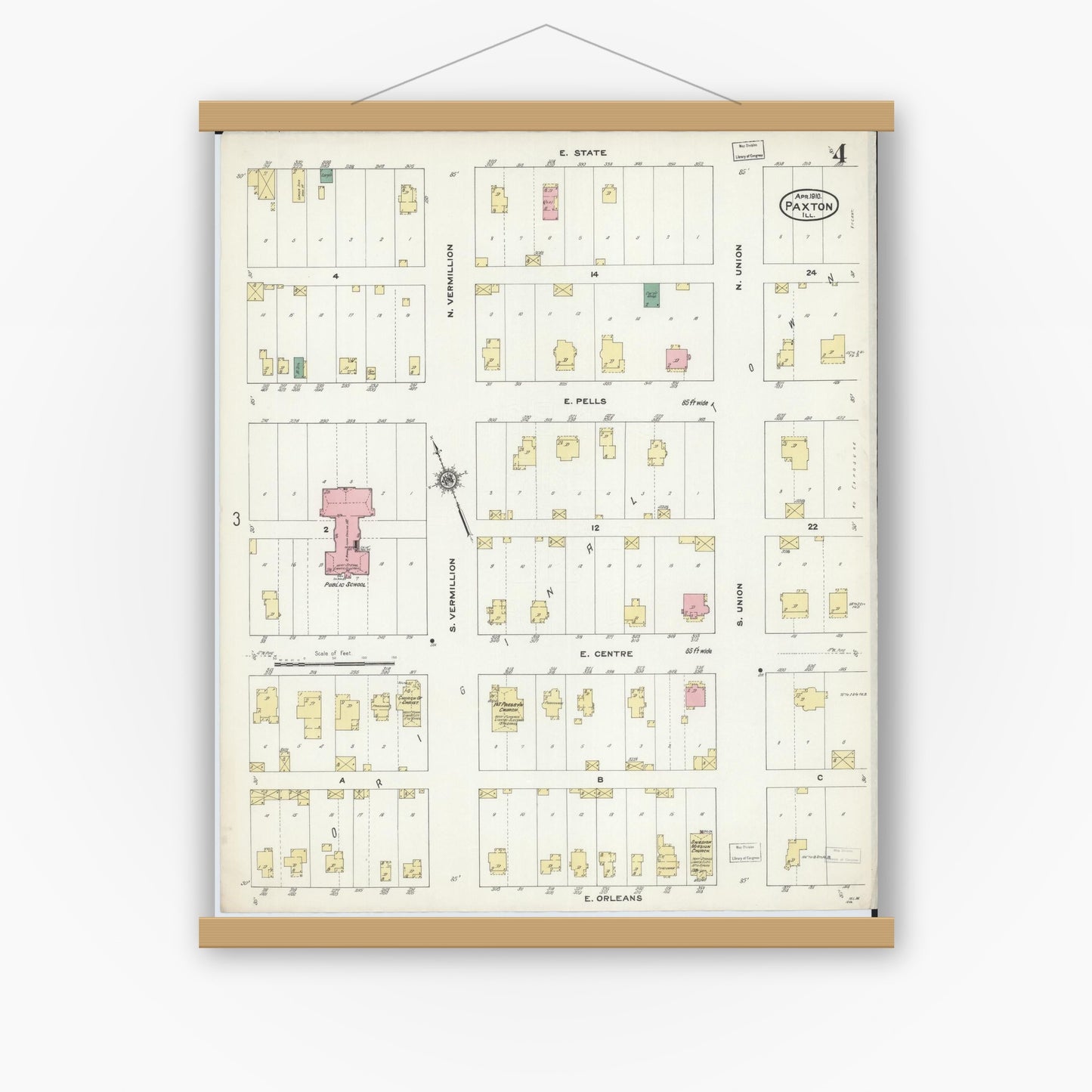 Old map wall art mockup — magnetic wood frame on white wall — Sanborn Fire Insurance Map from Paxton, Ford County, Illinois (1910), Sheet #0004