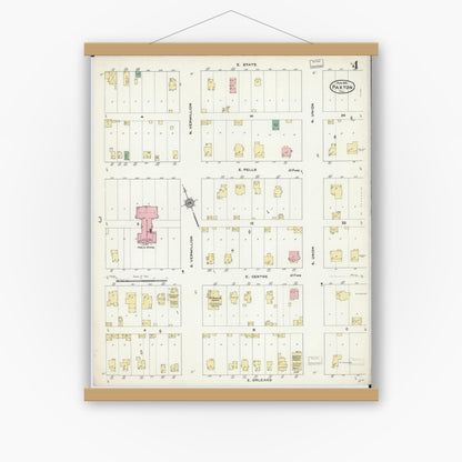 Old map wall art mockup — magnetic wood frame on white wall — Sanborn Fire Insurance Map from Paxton, Ford County, Illinois (1910), Sheet #0004