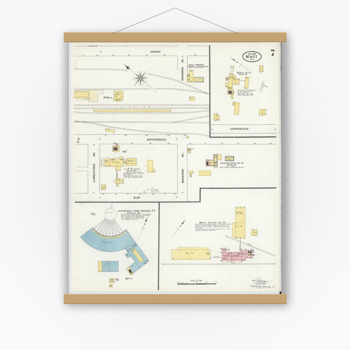 Old map wall art mockup — magnetic wood frame on white wall — Sanborn Fire Insurance Map from Mart, McLennan County, Texas (1909), Sheet #0007