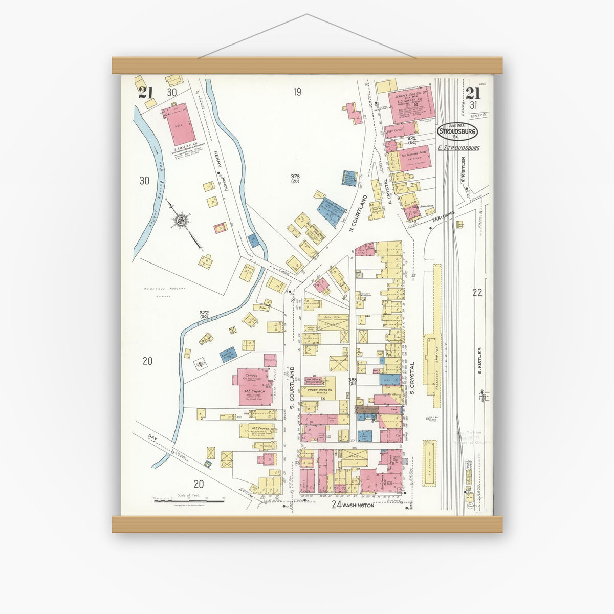 Old map wall art mockup — magnetic wood frame on white wall — Sanborn Fire Insurance Map from Stroudsburg, Monroe County, Pennsylvania (1923), Sheet #0021