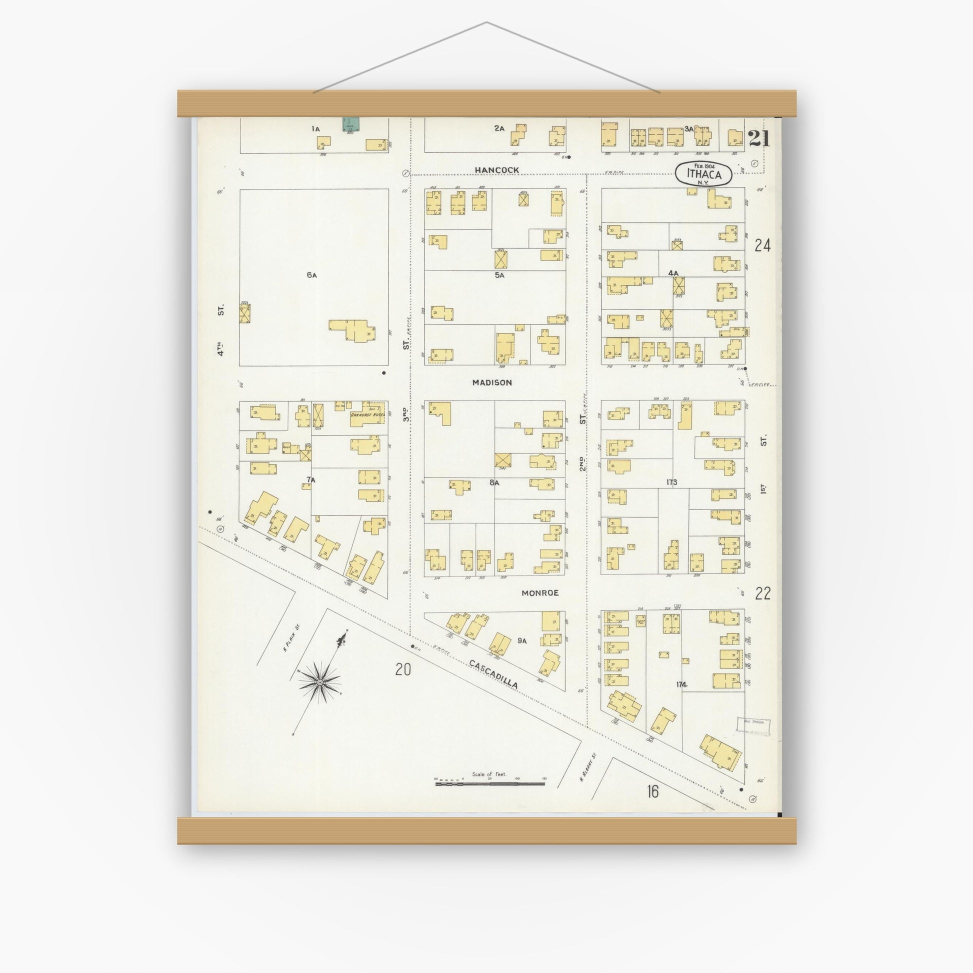 Old map wall art mockup — magnetic wood frame on white wall — Sanborn Fire Insurance Map from Ithaca, Tompkins County, New York (1904), Sheet #0021