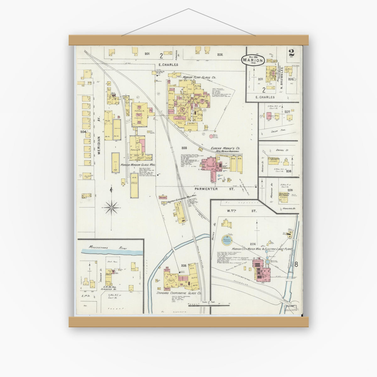 Old map wall art mockup — magnetic wood frame on white wall — Sanborn Fire Insurance Map from Marion, Grant County, Indiana (1896), Sheet #0002