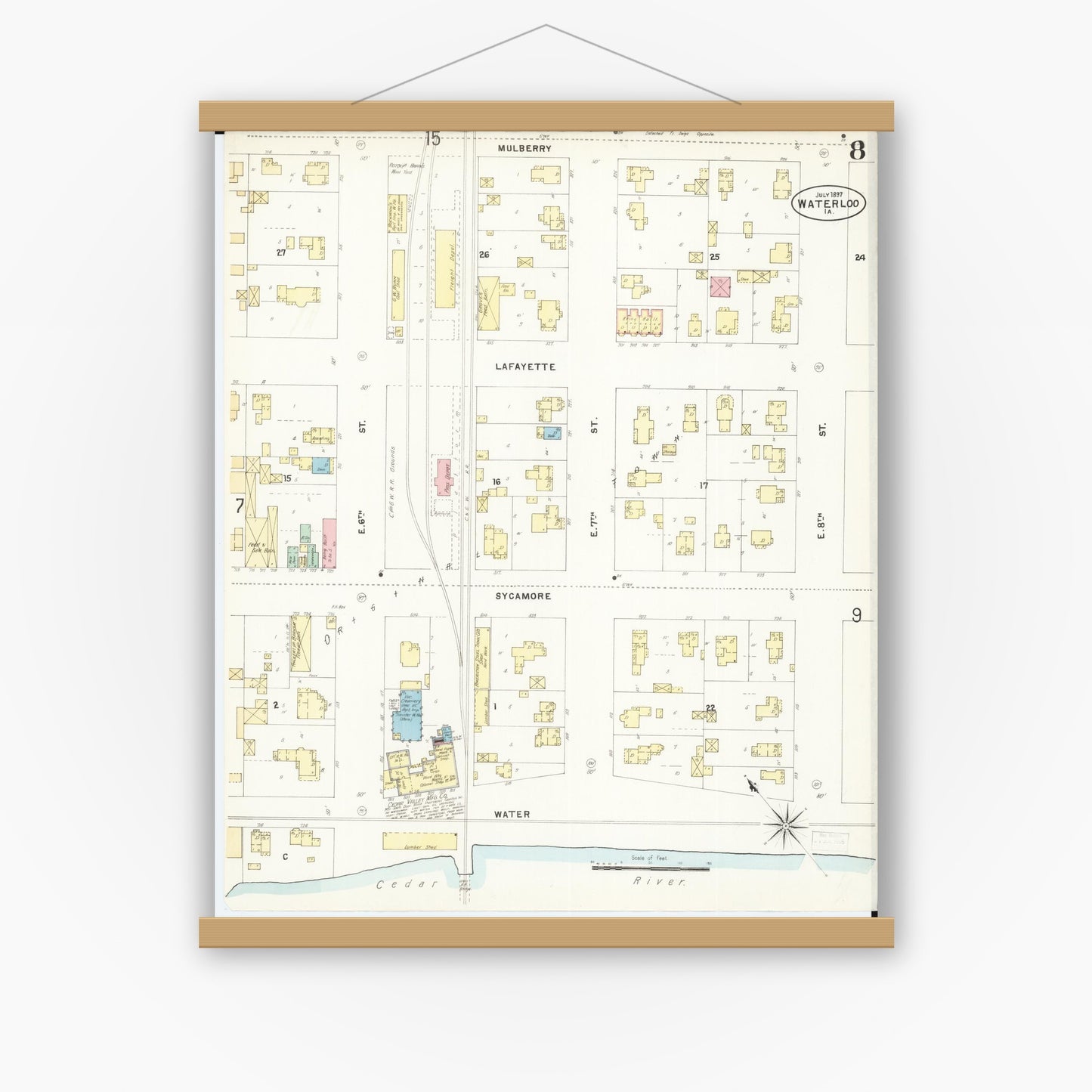 Old map wall art mockup — magnetic wood frame on white wall — Sanborn Fire Insurance Map from Waterloo, Black Hawk County, Iowa (1897), Sheet #0008