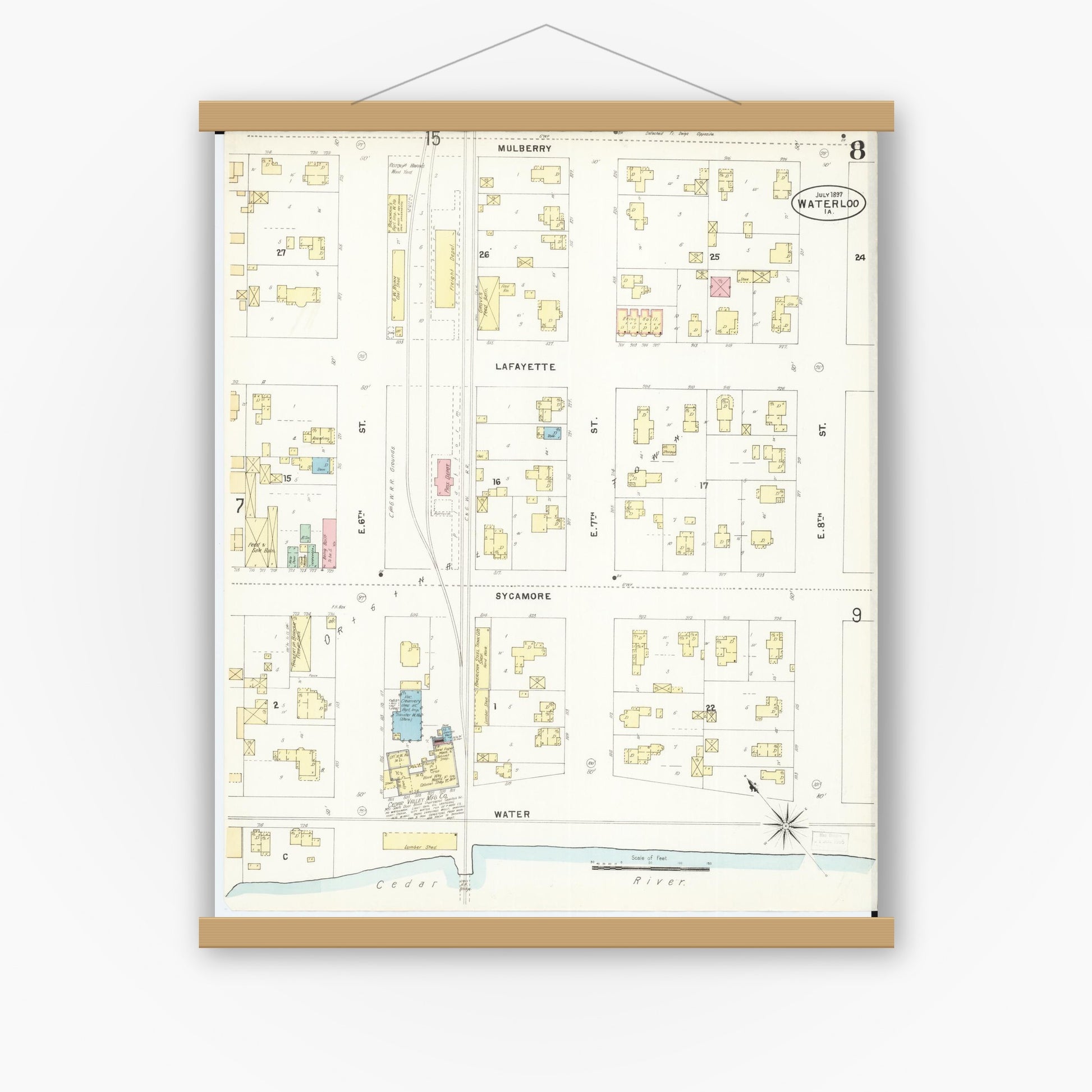 Old map wall art mockup — magnetic wood frame on white wall — Sanborn Fire Insurance Map from Waterloo, Black Hawk County, Iowa (1897), Sheet #0008