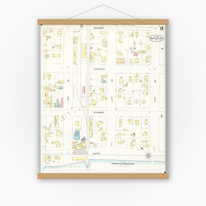 Old map wall art mockup — magnetic wood frame on white wall — Sanborn Fire Insurance Map from Waterloo, Black Hawk County, Iowa (1897), Sheet #0008