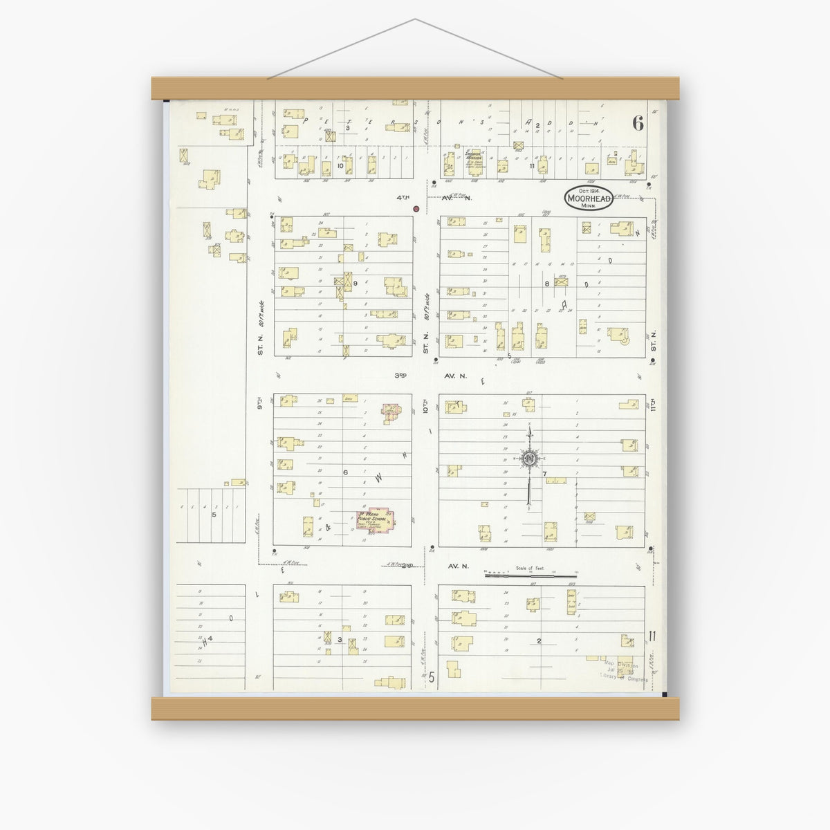 Old map wall art mockup — magnetic wood frame on white wall — Sanborn Fire Insurance Map from Moorhead, Clay County, Minnesota (1914), Sheet #0006