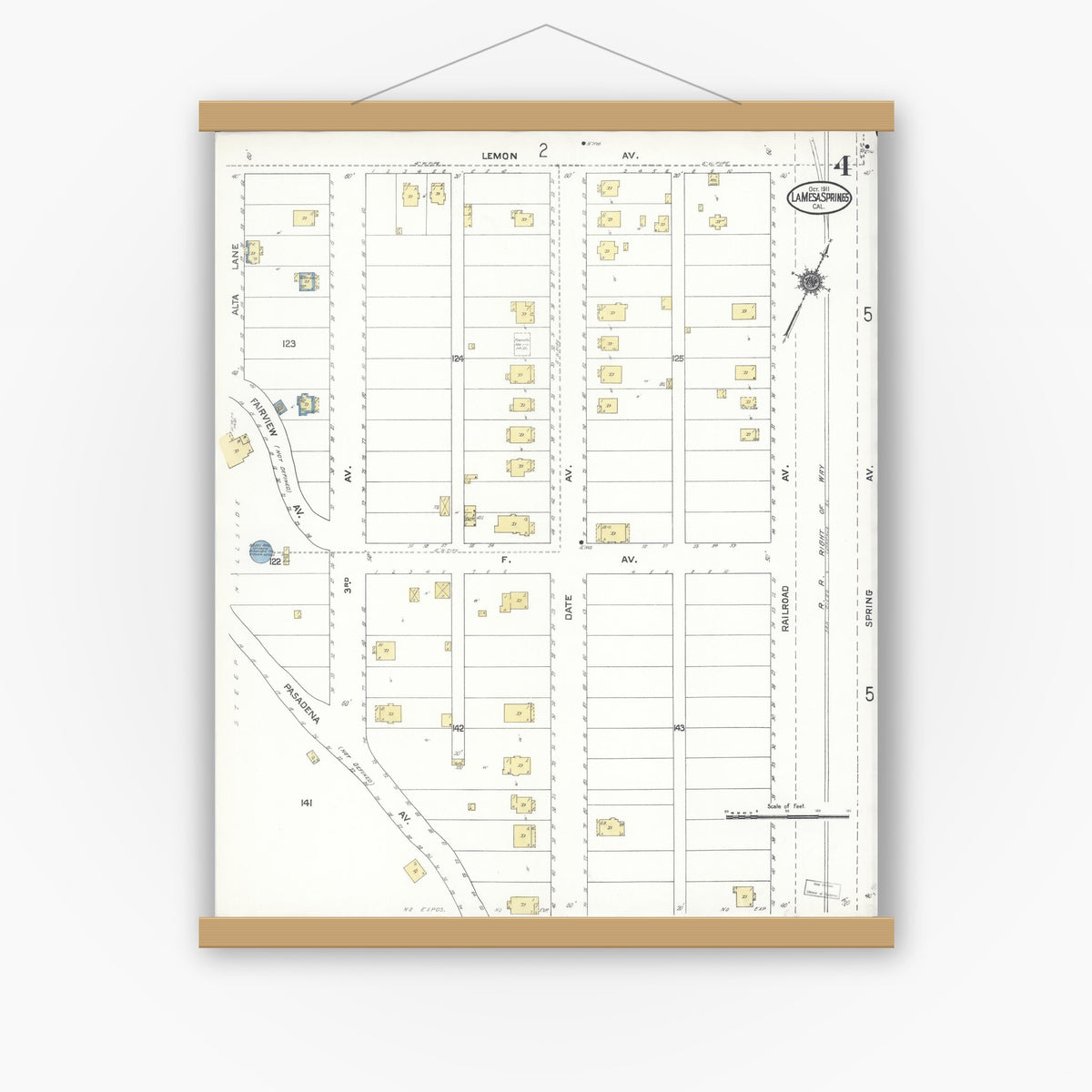 Old map wall art mockup — magnetic wood frame on white wall — Sanborn Fire Insurance Map from La Mesa, San Diego County, California (1911), Sheet #0004