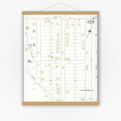 Old map wall art mockup — magnetic wood frame on white wall — Sanborn Fire Insurance Map from La Mesa, San Diego County, California (1911), Sheet #0004