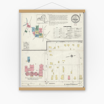 Old map wall art mockup — magnetic wood frame on white wall — Sanborn Fire Insurance Map from Geneseo, Livingston County, New York (1913) - Complete Map Set