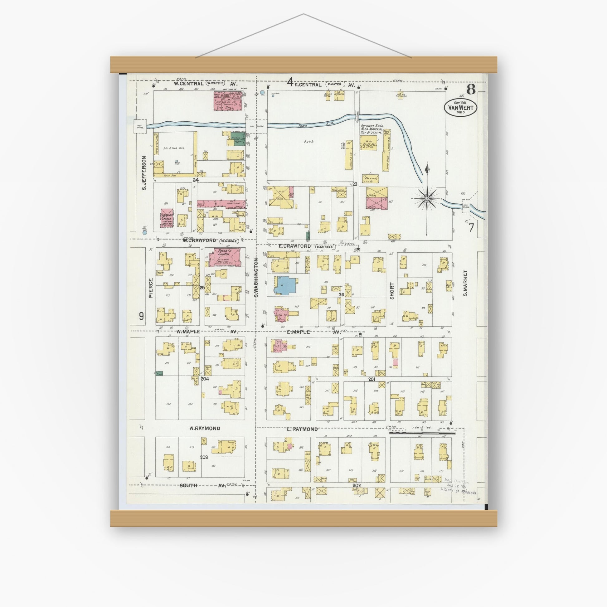 Old map wall art mockup — magnetic wood frame on white wall — Sanborn Fire Insurance Map from Van Wert, Van Wert County, Ohio (1901), Sheet #0008