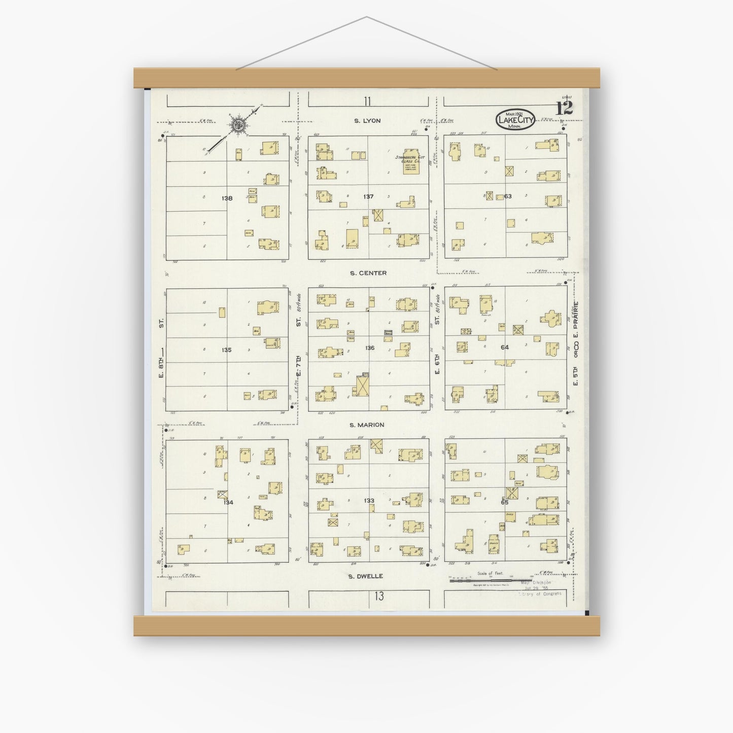 Old map wall art mockup — magnetic wood frame on white wall — Sanborn Fire Insurance Map from Lake City, Wabasha County, Minnesota (1921), Sheet #0012