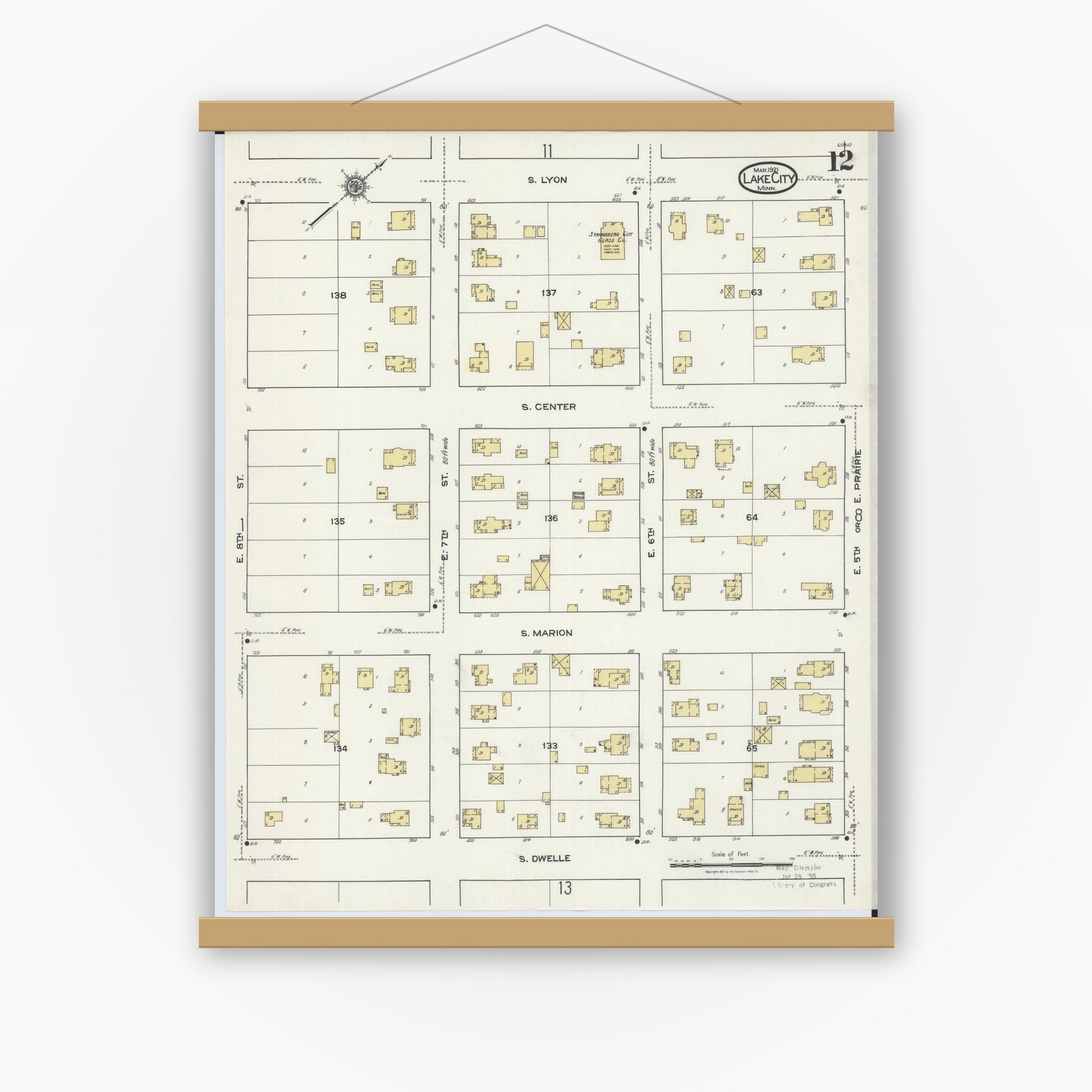Old map wall art mockup — magnetic wood frame on white wall — Sanborn Fire Insurance Map from Lake City, Wabasha County, Minnesota (1921), Sheet #0012