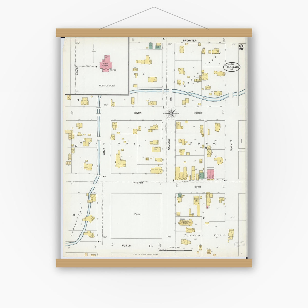 Old map wall art mockup — magnetic wood frame on white wall — Sanborn Fire Insurance Map from Tiskilwa, Bureau County, Illinois (1901), Sheet #0002