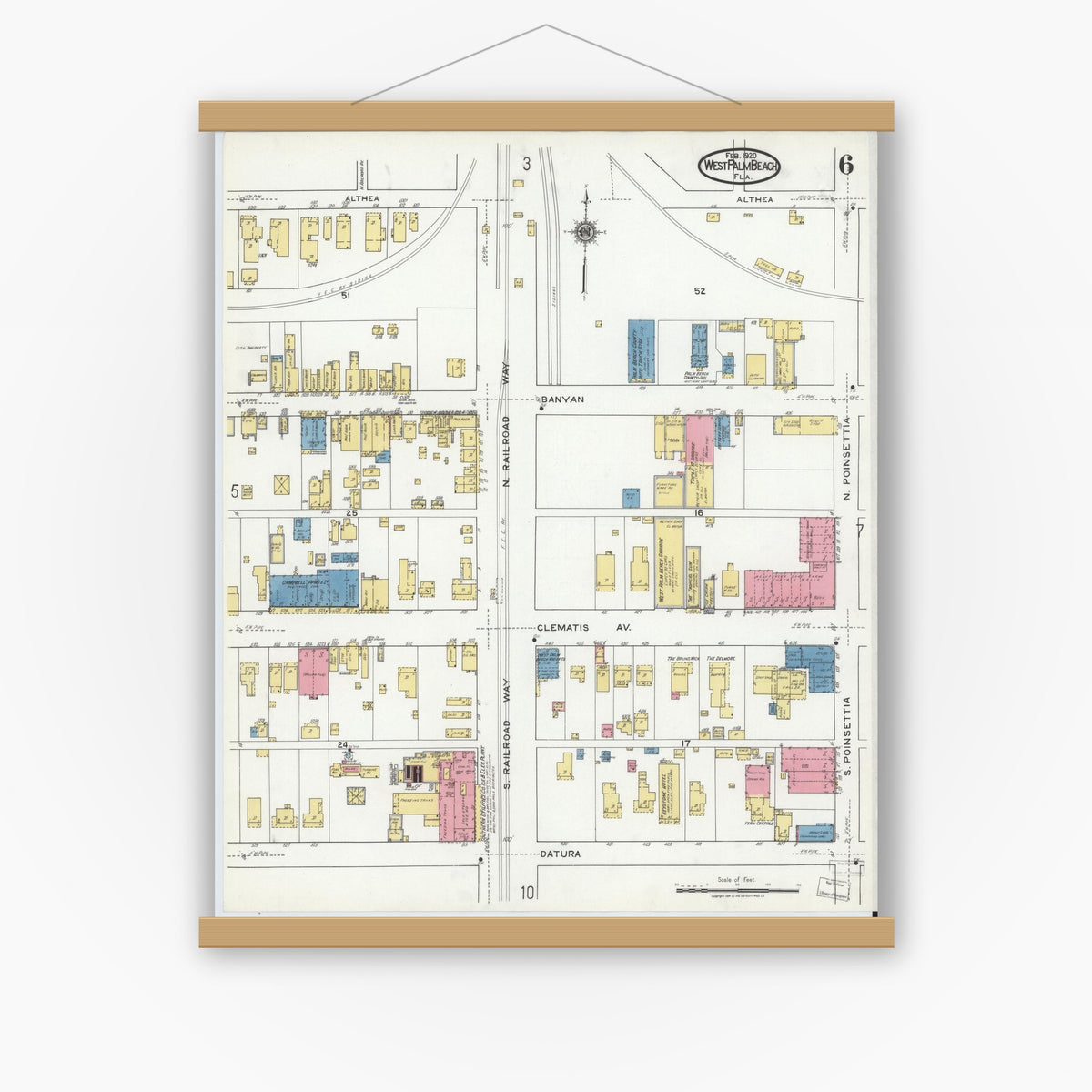 Old map wall art mockup — magnetic wood frame on white wall — Sanborn Fire Insurance Map from West Palm Beach, Dade County, Florida (1920), Sheet #0006