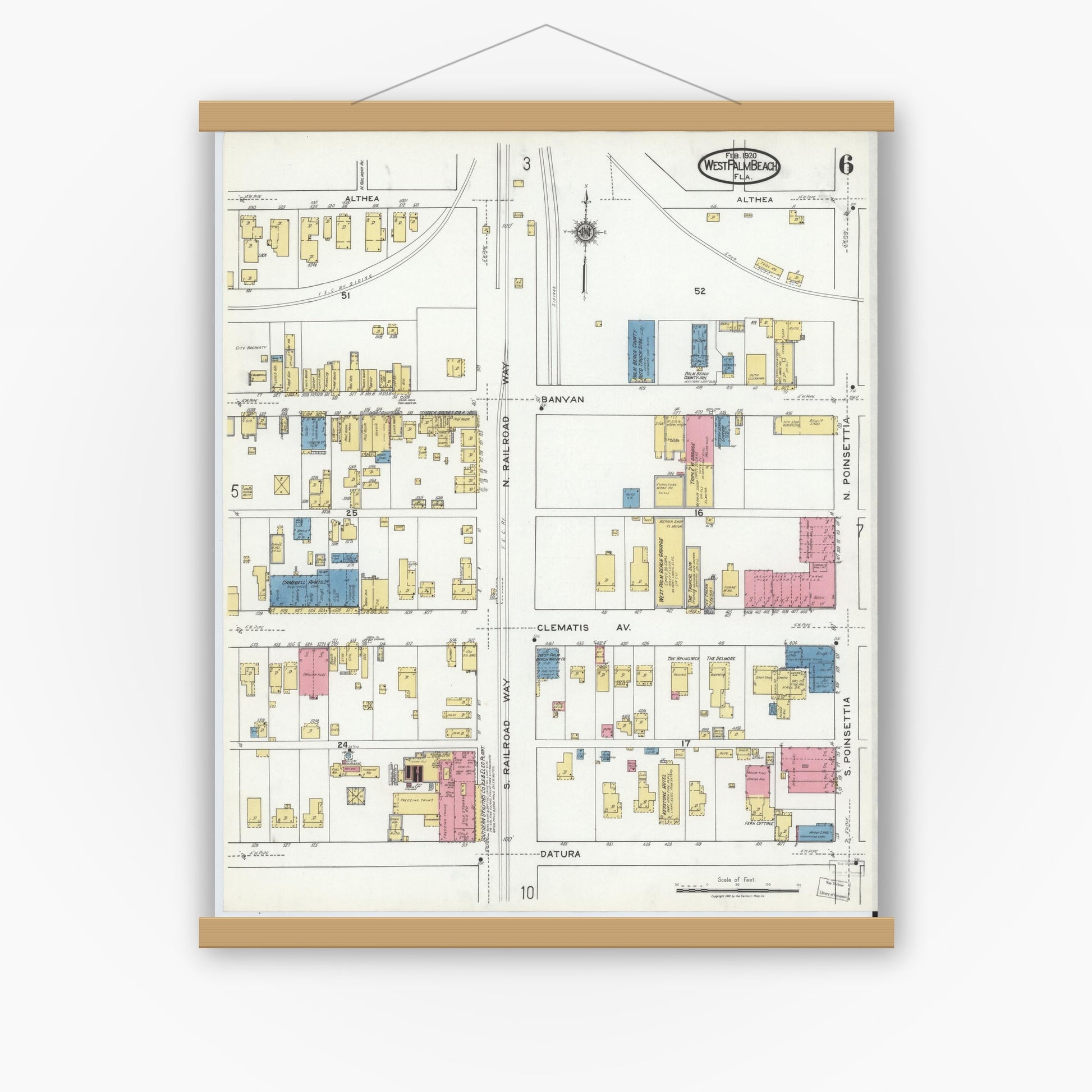 Old map wall art mockup — magnetic wood frame on white wall — Sanborn Fire Insurance Map from West Palm Beach, Dade County, Florida (1920), Sheet #0006