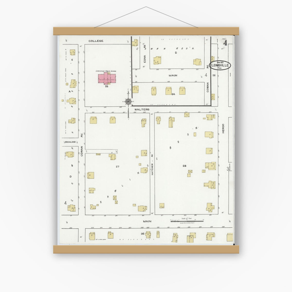 Old map wall art mockup — magnetic wood frame on white wall — Sanborn Fire Insurance Map from Lewisville, Denton County, Texas (1921), Sheet #0004