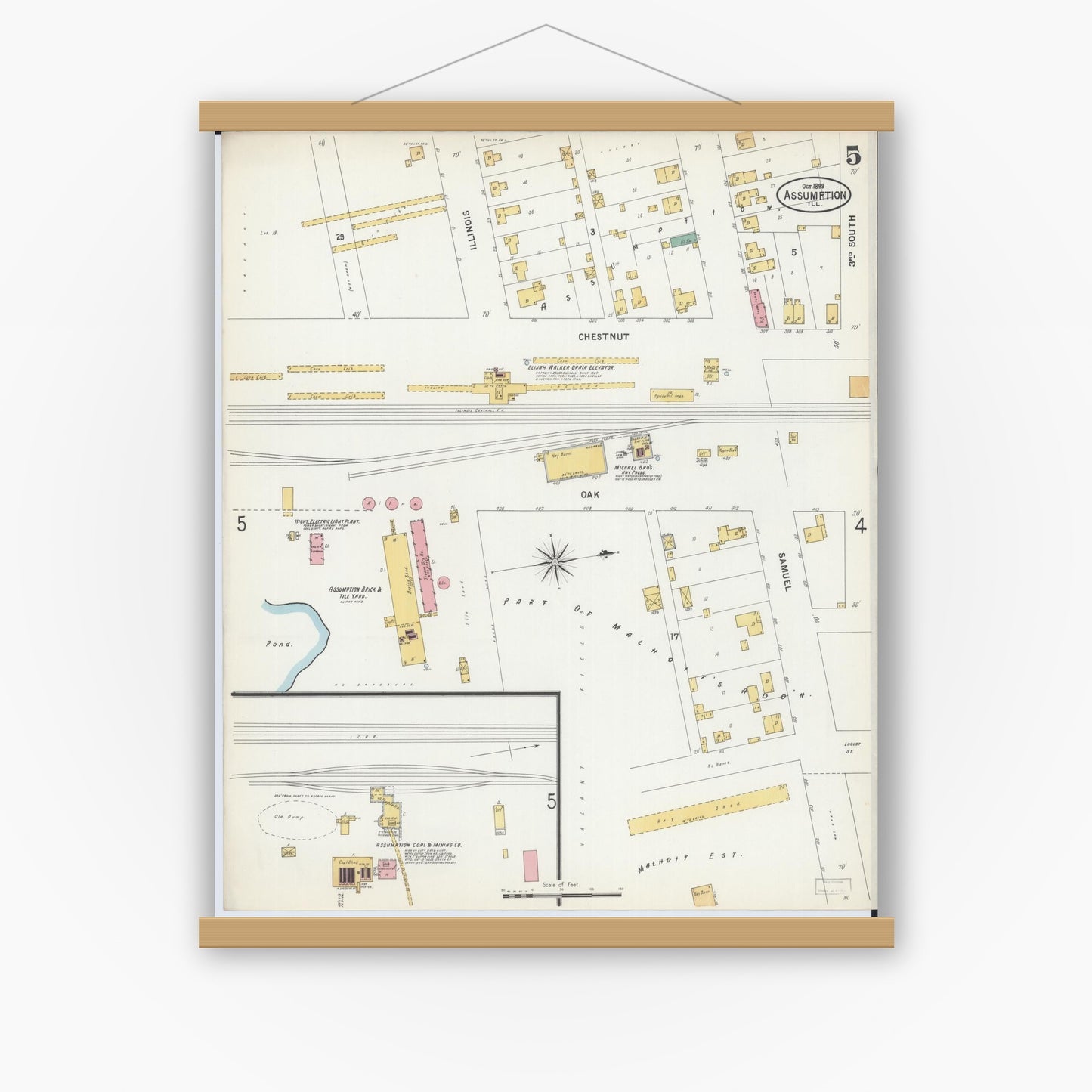 Old map wall art mockup — magnetic wood frame on white wall — Sanborn Fire Insurance Map from Assumption, Christian County, Illinois (1899), Sheet #0005
