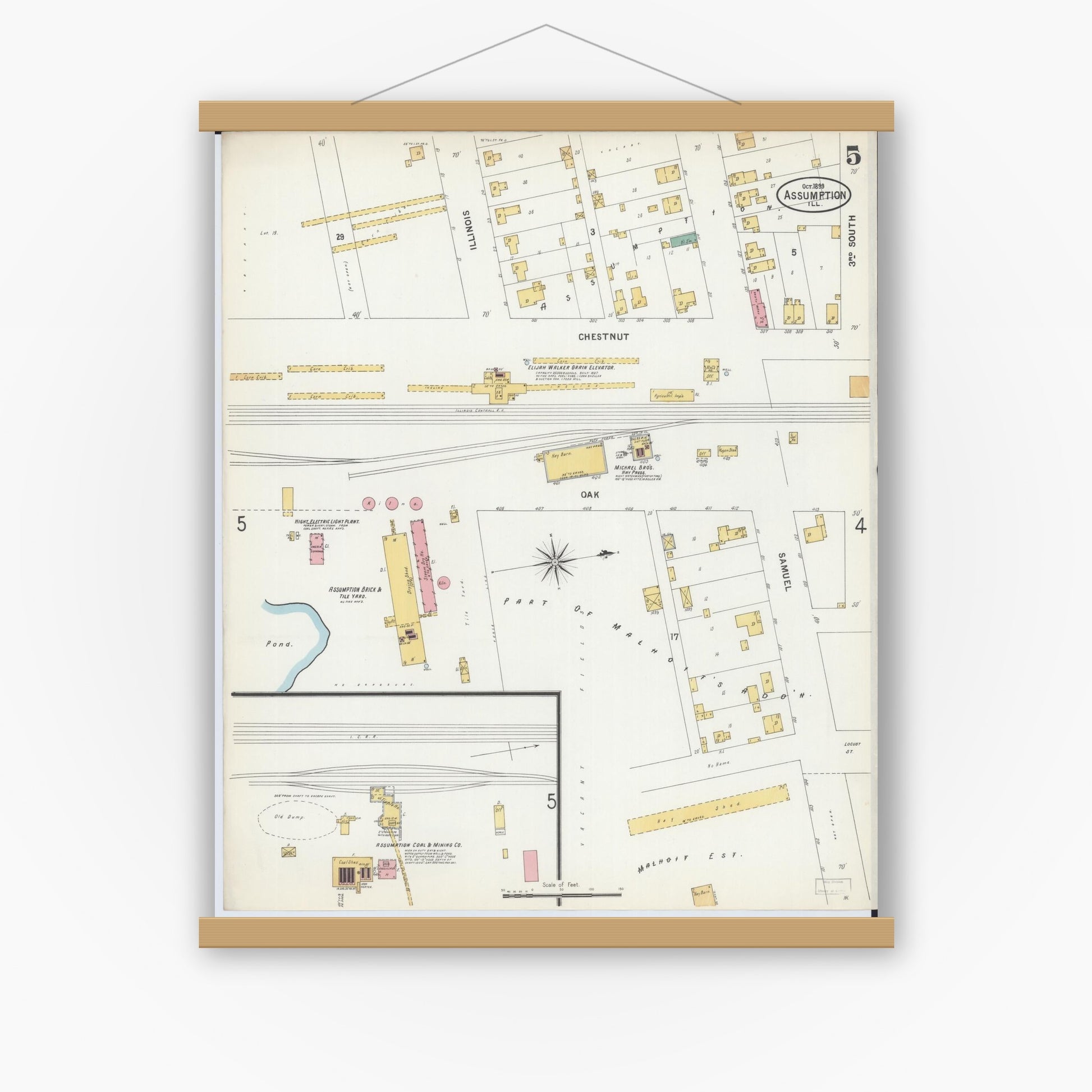 Old map wall art mockup — magnetic wood frame on white wall — Sanborn Fire Insurance Map from Assumption, Christian County, Illinois (1899), Sheet #0005