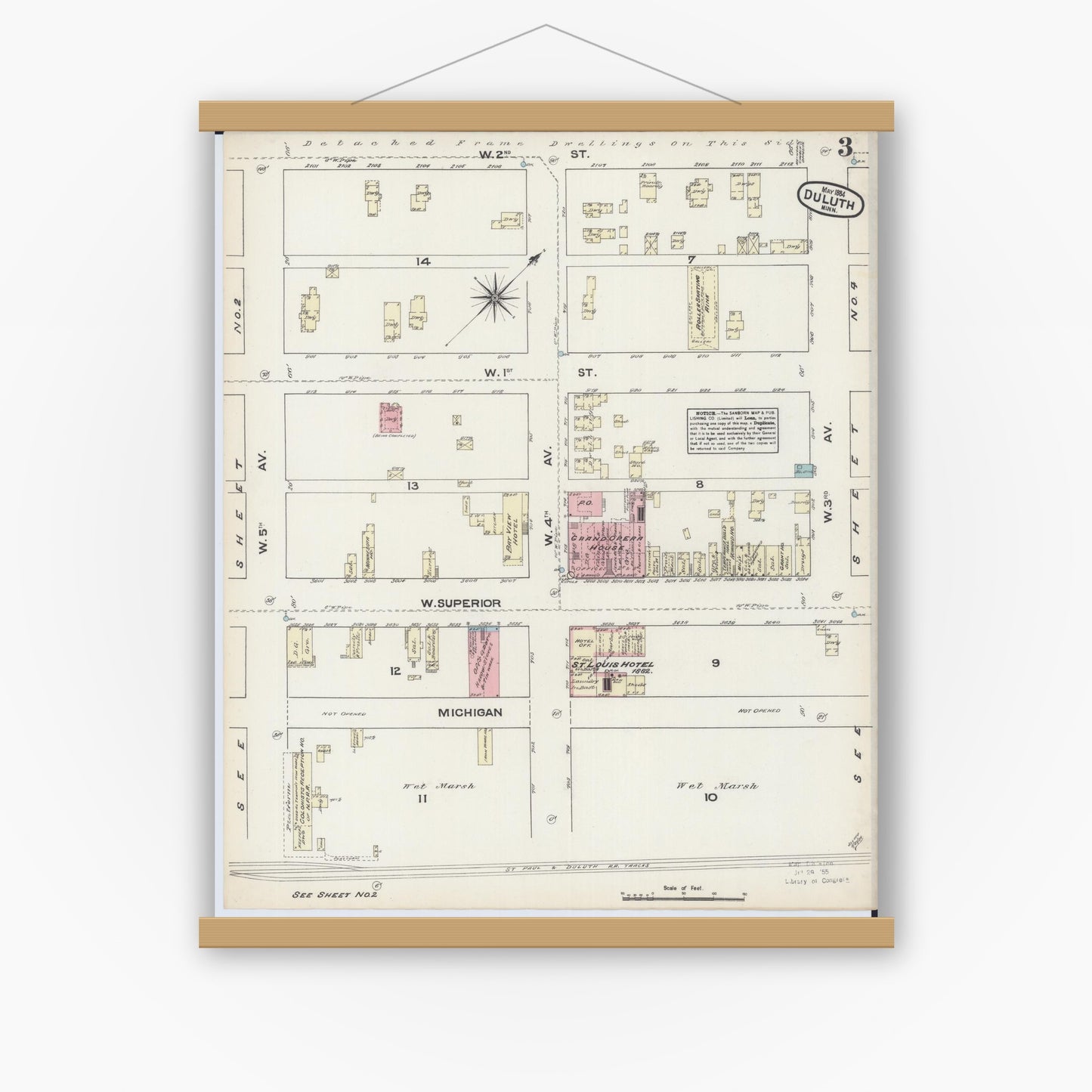 Old map wall art mockup — magnetic wood frame on white wall — Sanborn Fire Insurance Map from Duluth, Saint Louis County, Minnesota (1884), Sheet #0003