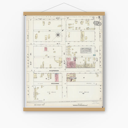 Old map wall art mockup — magnetic wood frame on white wall — Sanborn Fire Insurance Map from Duluth, Saint Louis County, Minnesota (1884), Sheet #0003