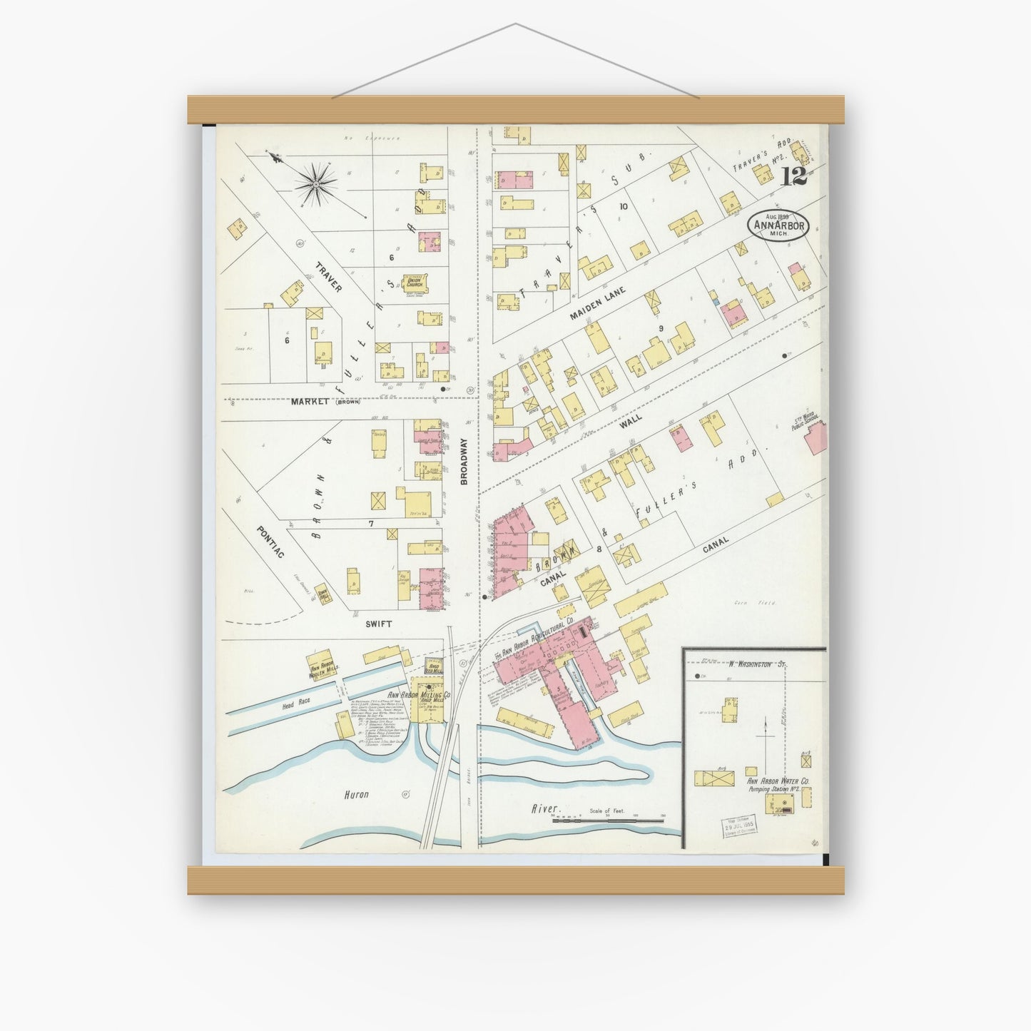Old map wall art mockup — magnetic wood frame on white wall — Sanborn Fire Insurance Map from Ann Arbor, Washtenaw County, Michigan (1899), Sheet #0012