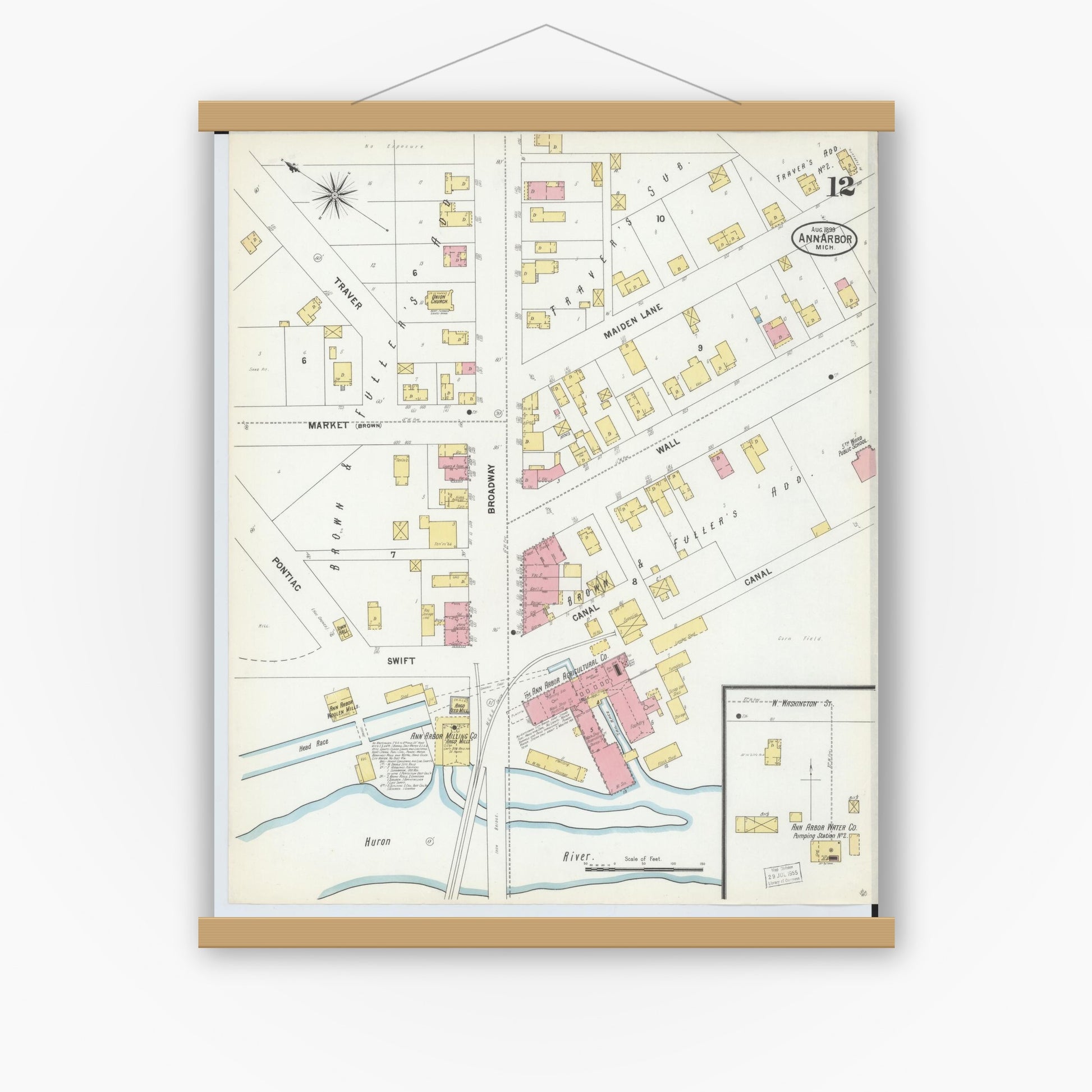 Old map wall art mockup — magnetic wood frame on white wall — Sanborn Fire Insurance Map from Ann Arbor, Washtenaw County, Michigan (1899), Sheet #0012