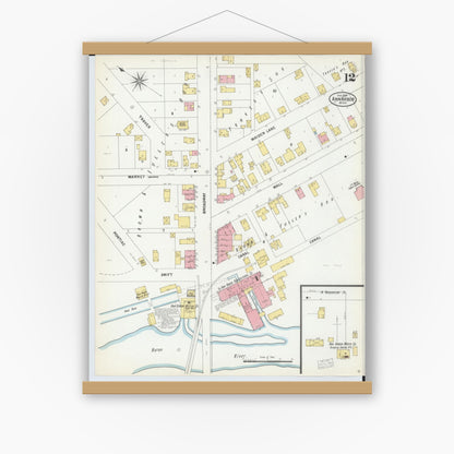 Old map wall art mockup — magnetic wood frame on white wall — Sanborn Fire Insurance Map from Ann Arbor, Washtenaw County, Michigan (1899), Sheet #0012