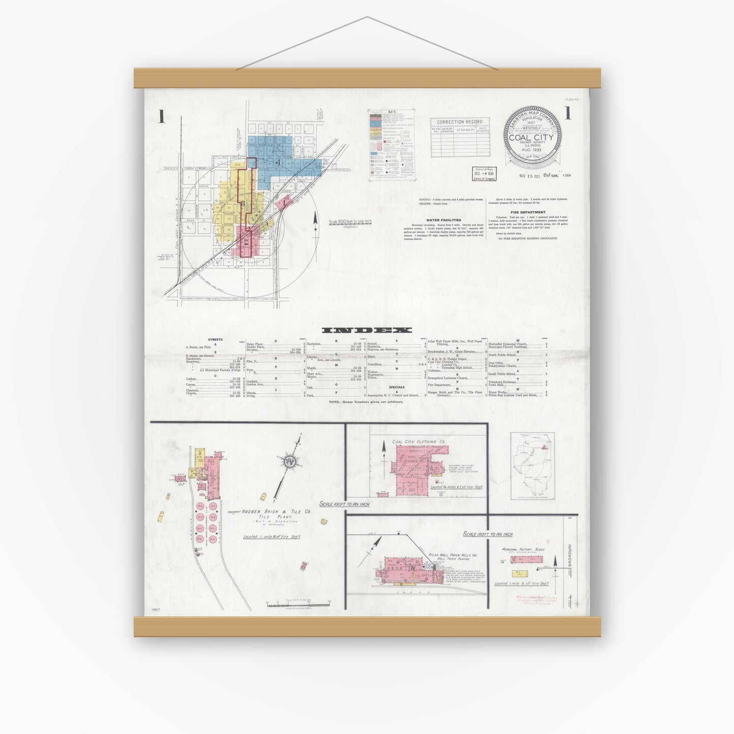 Old map wall art mockup — magnetic wood frame on white wall — Sanborn Fire Insurance Map from Coal City, Grundy County, Illinois (1933) - Complete Map Set