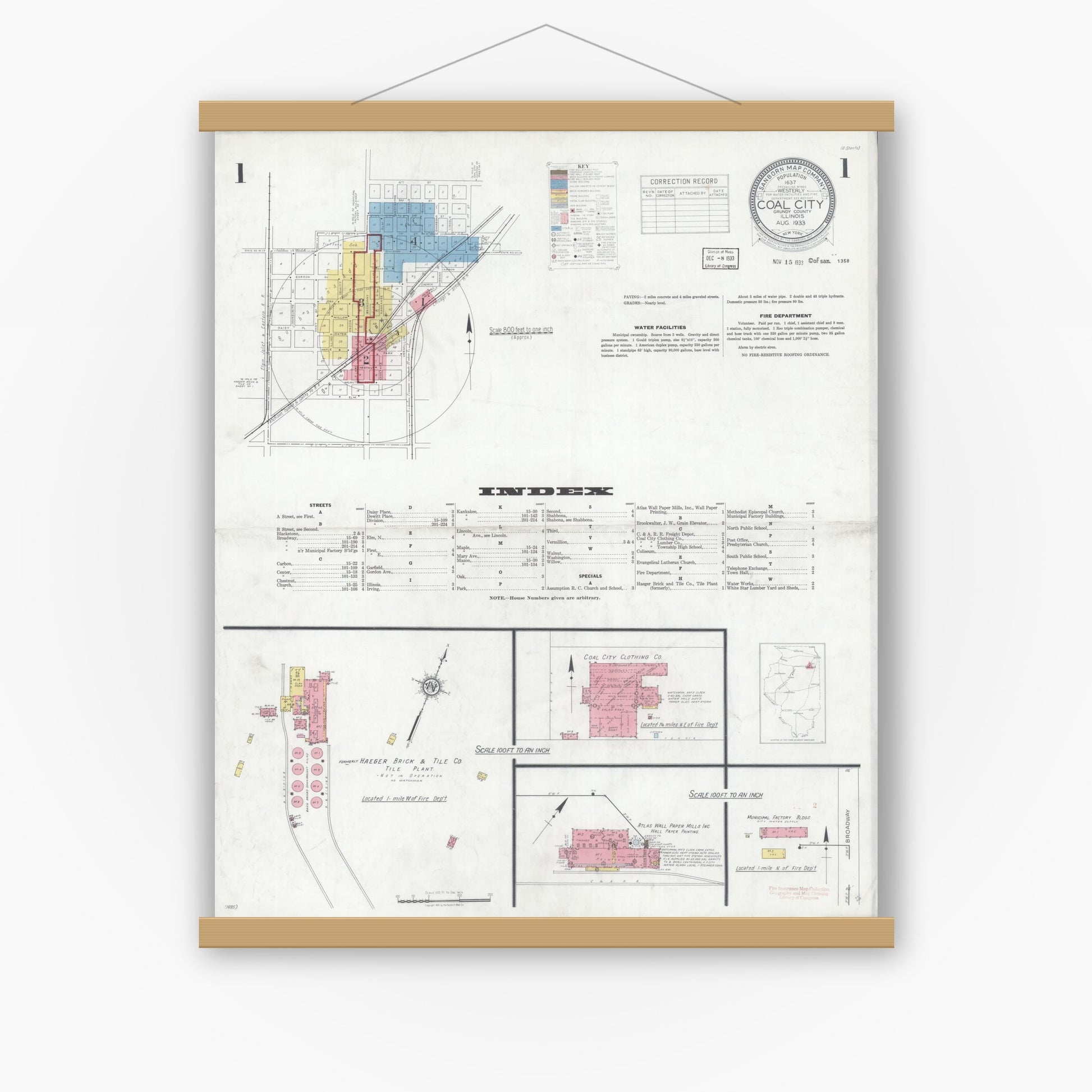 Old map wall art mockup — magnetic wood frame on white wall — Sanborn Fire Insurance Map from Coal City, Grundy County, Illinois (1933) - Complete Map Set