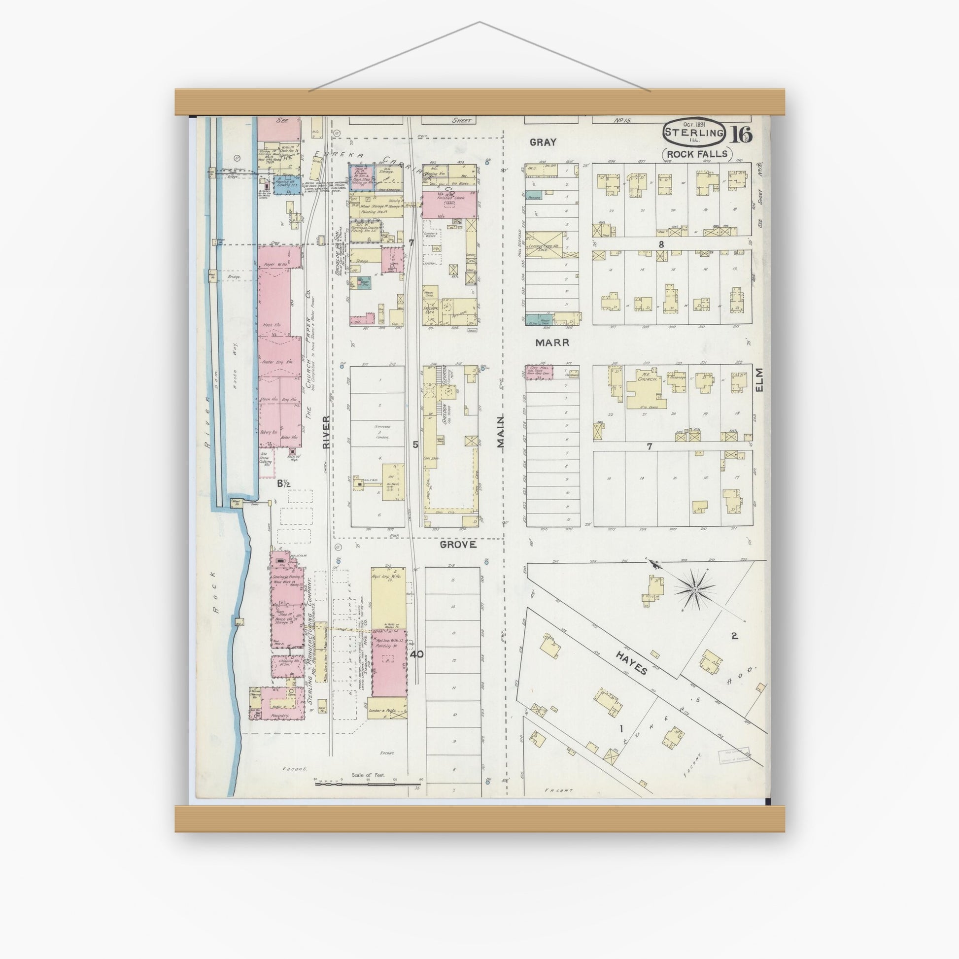 Old map wall art mockup — magnetic wood frame on white wall — Sanborn Fire Insurance Map from Sterling, Whiteside County, Illinois (1891), Sheet #0016