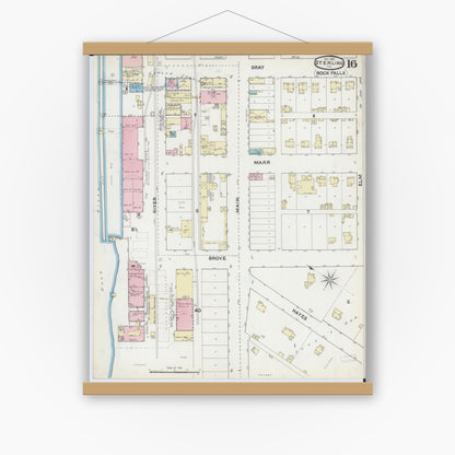 Old map wall art mockup — magnetic wood frame on white wall — Sanborn Fire Insurance Map from Sterling, Whiteside County, Illinois (1891), Sheet #0016