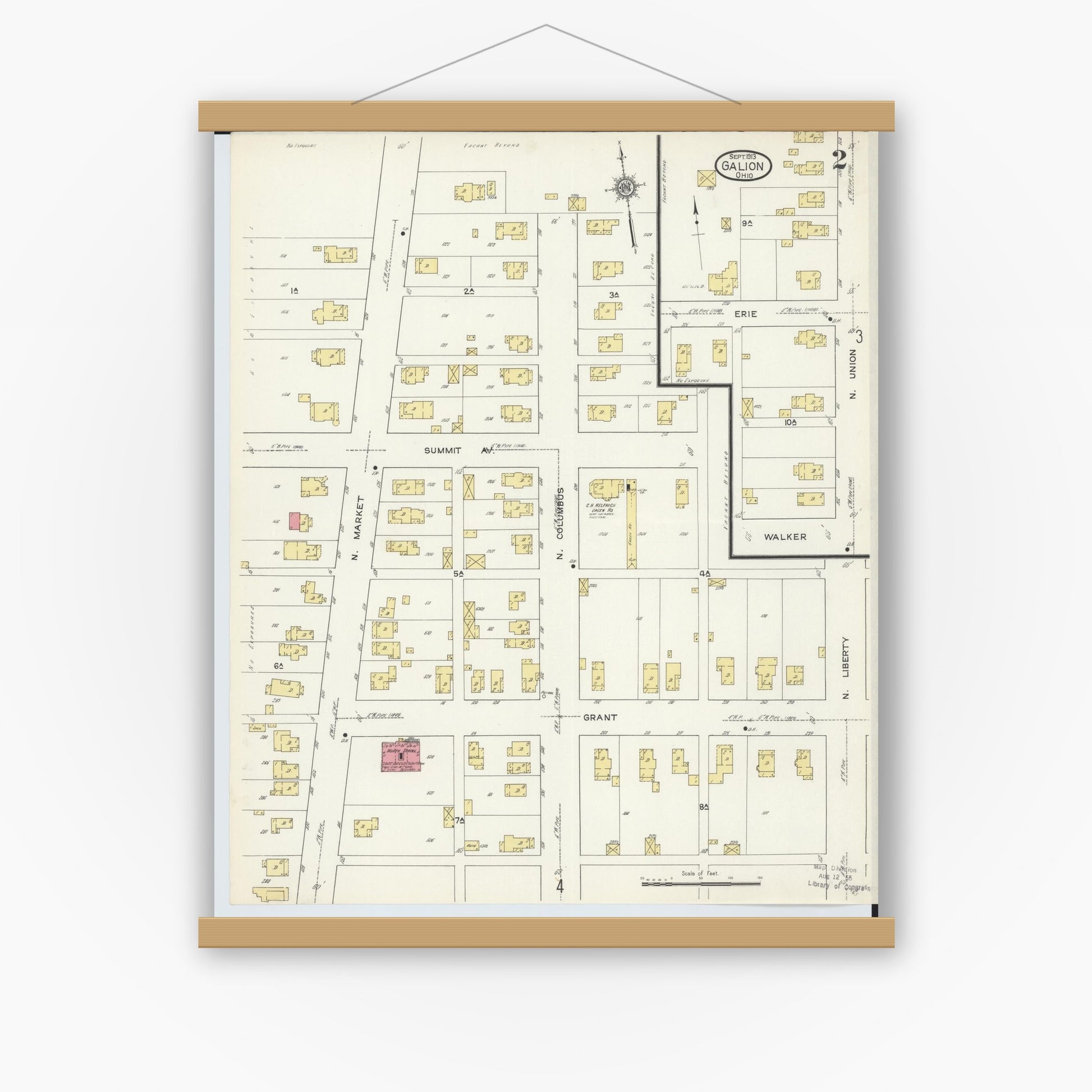 Old map wall art mockup — magnetic wood frame on white wall — Sanborn Fire Insurance Map from Galion, Crawford County, Ohio (1913), Sheet #0002