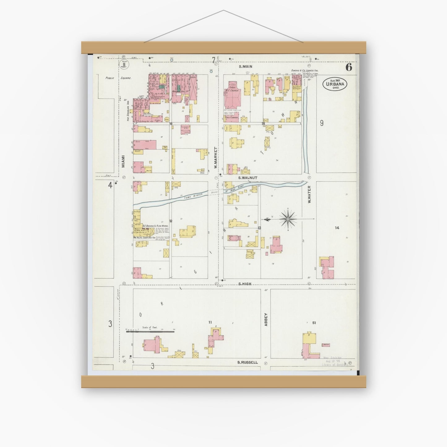 Old map wall art mockup — magnetic wood frame on white wall — Sanborn Fire Insurance Map from Urbana, Champaign County, Ohio (1901), Sheet #0006